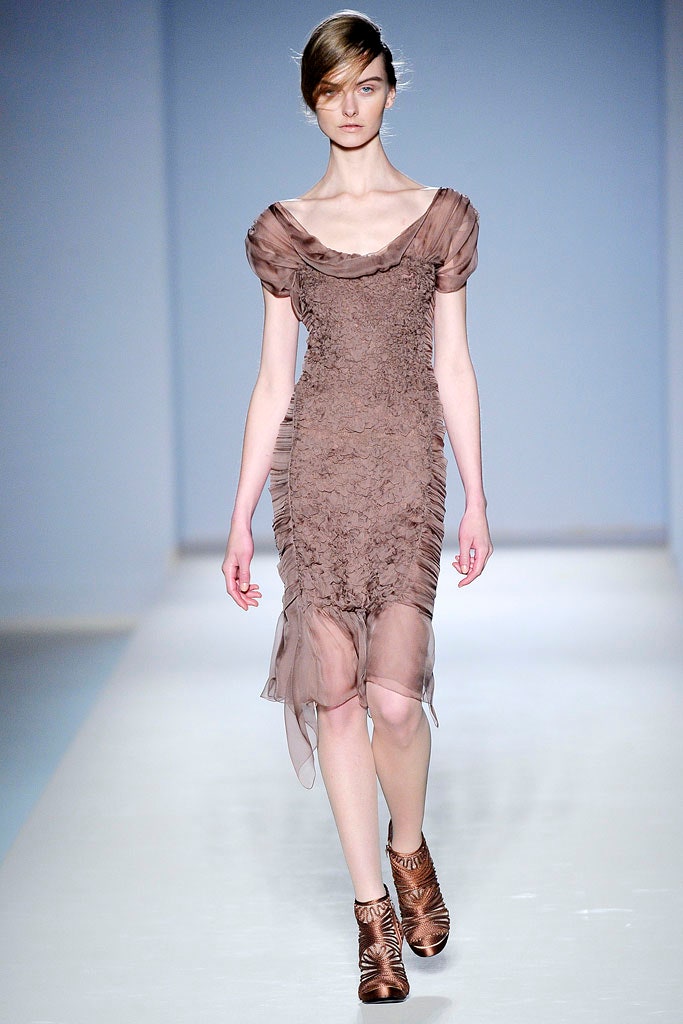 brown silk short-sleeve scoop-neck fitted ruched draped dress