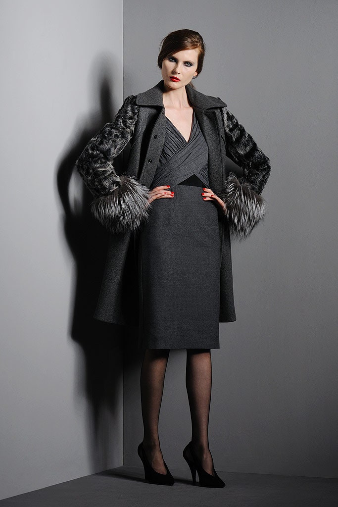 gray wool coat with fur sleeves and fitted dress