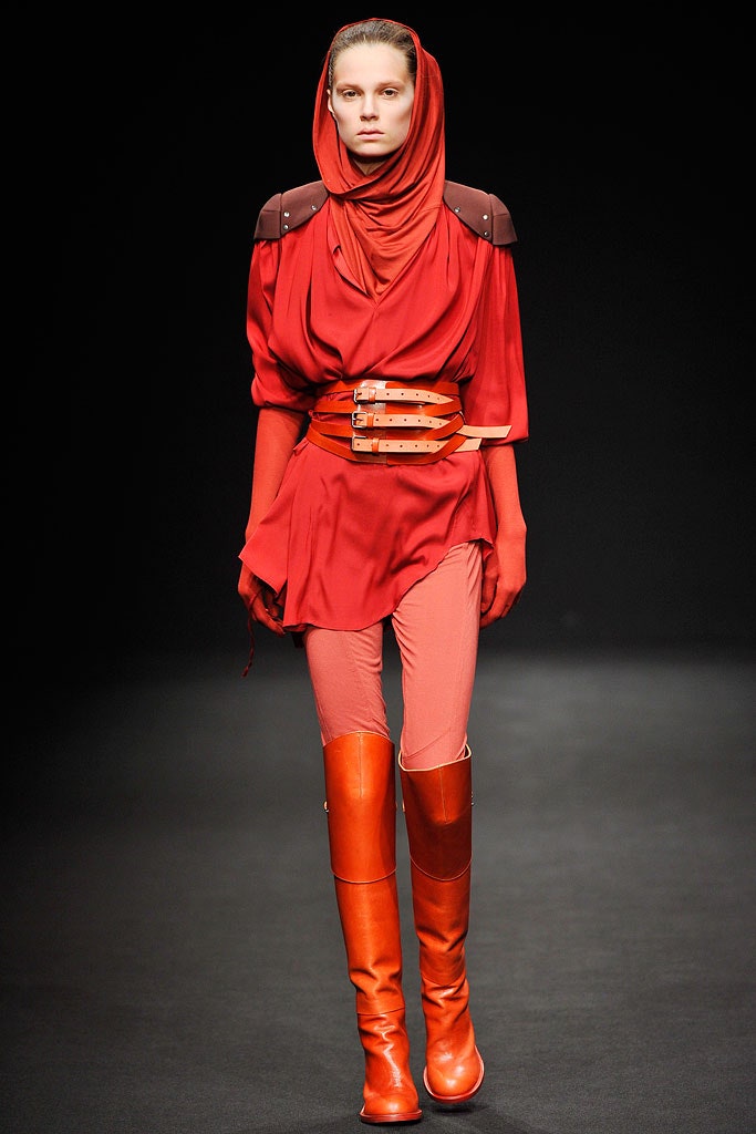 red cotton long-sleeve hooded relaxed draped belted dress