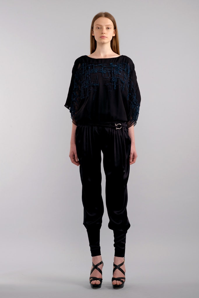 black silk fitted zippered pants