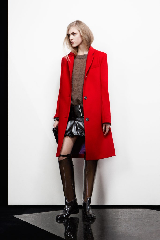 red coat with black leather skirt