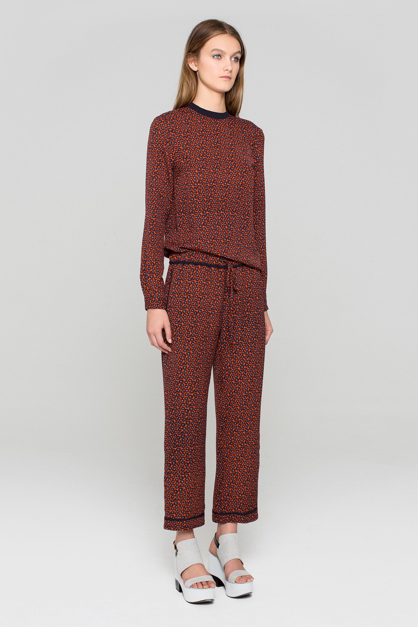 red silk long-sleeve collared relaxed printed top