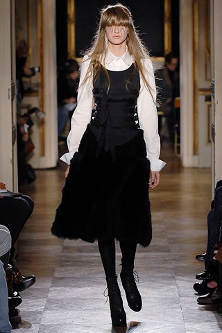 black fur midi dress and white blouse