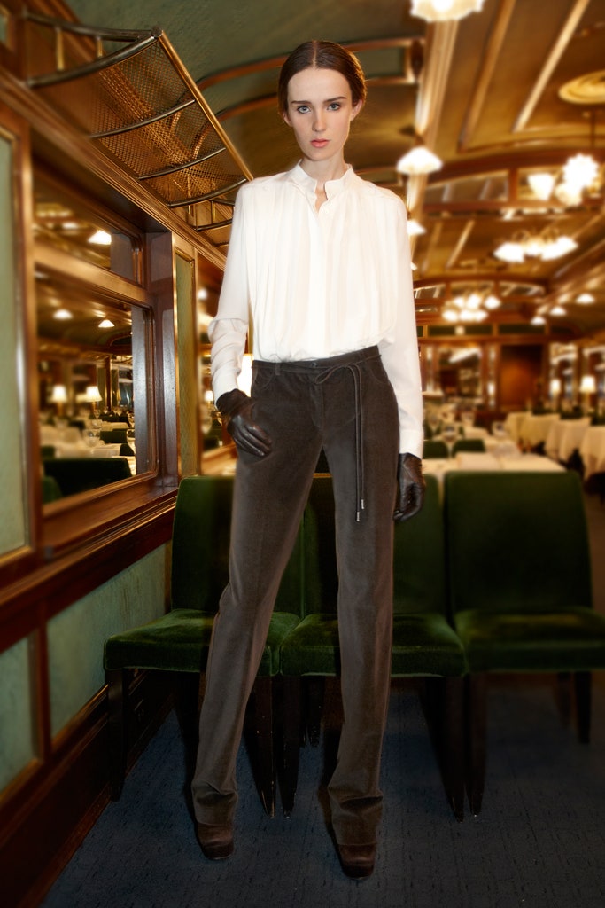 white silk blouse and brown velvet pants