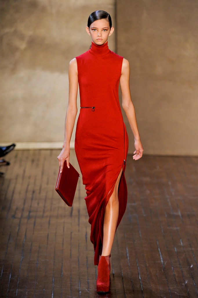 red cotton sleeveless high-neck fitted draped maxi gown