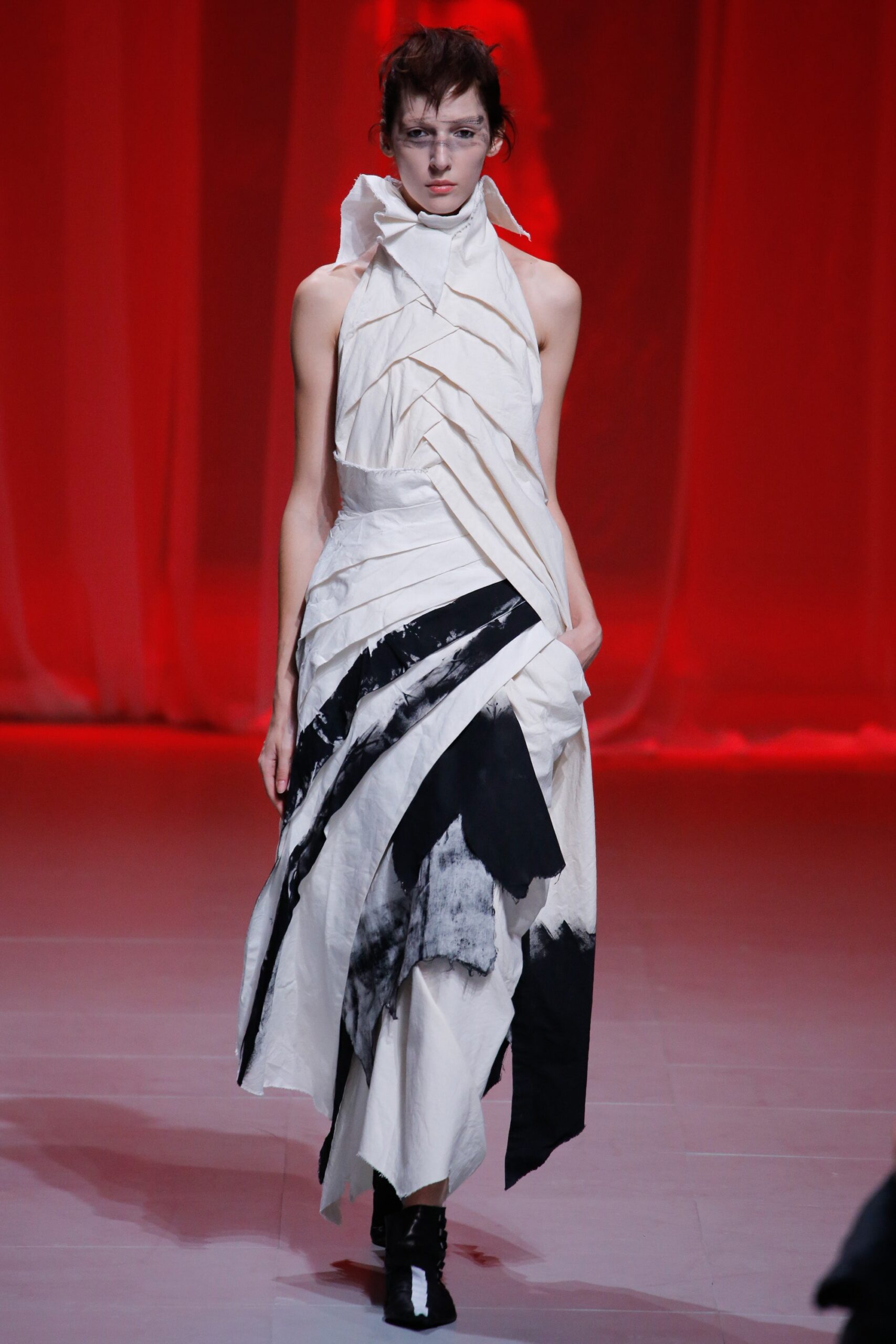 white and black draped maxi dress