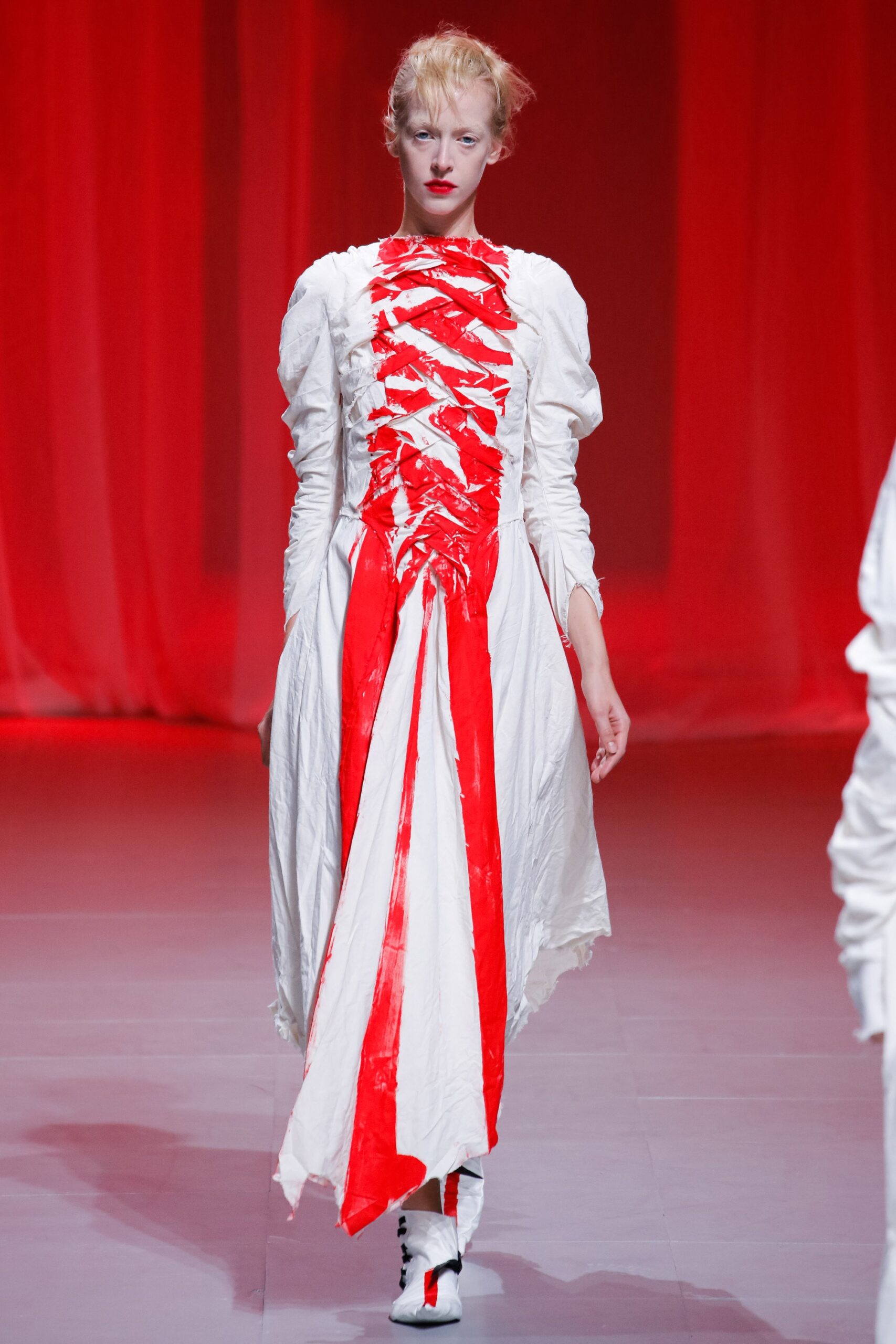 white and red ruffled midi dress