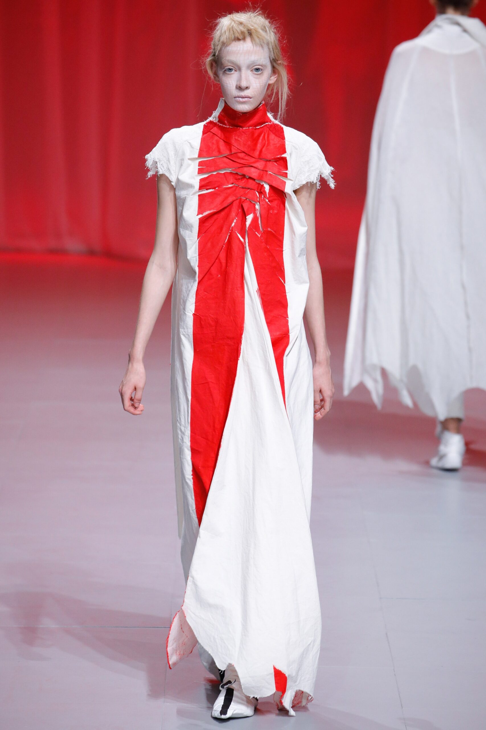 white and red draped maxi dress