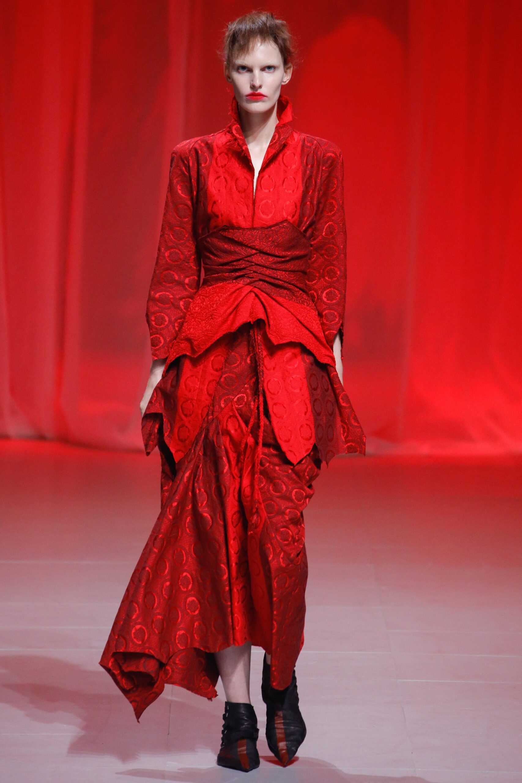 red silk fitted dress