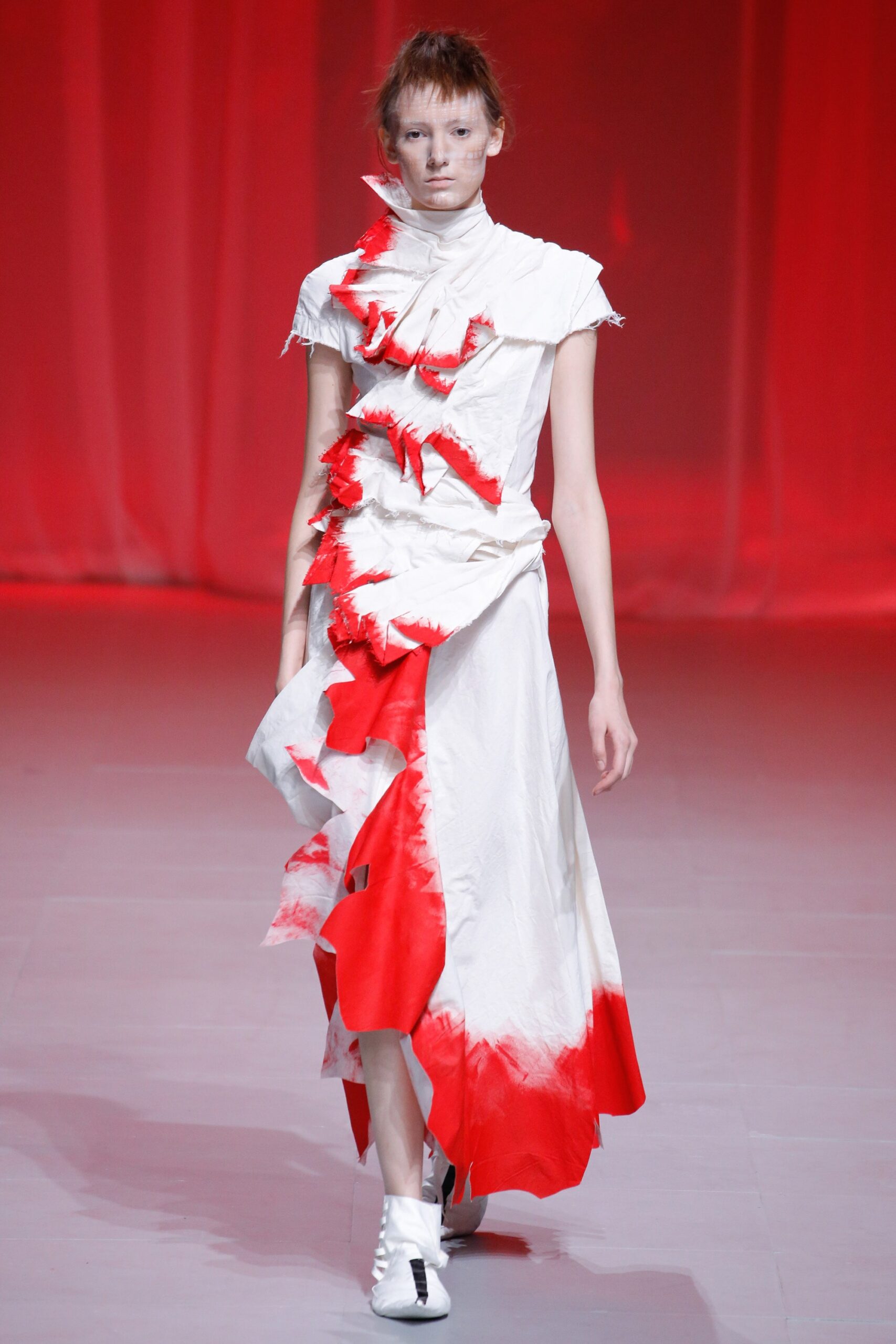 white and red ruffled midi dress