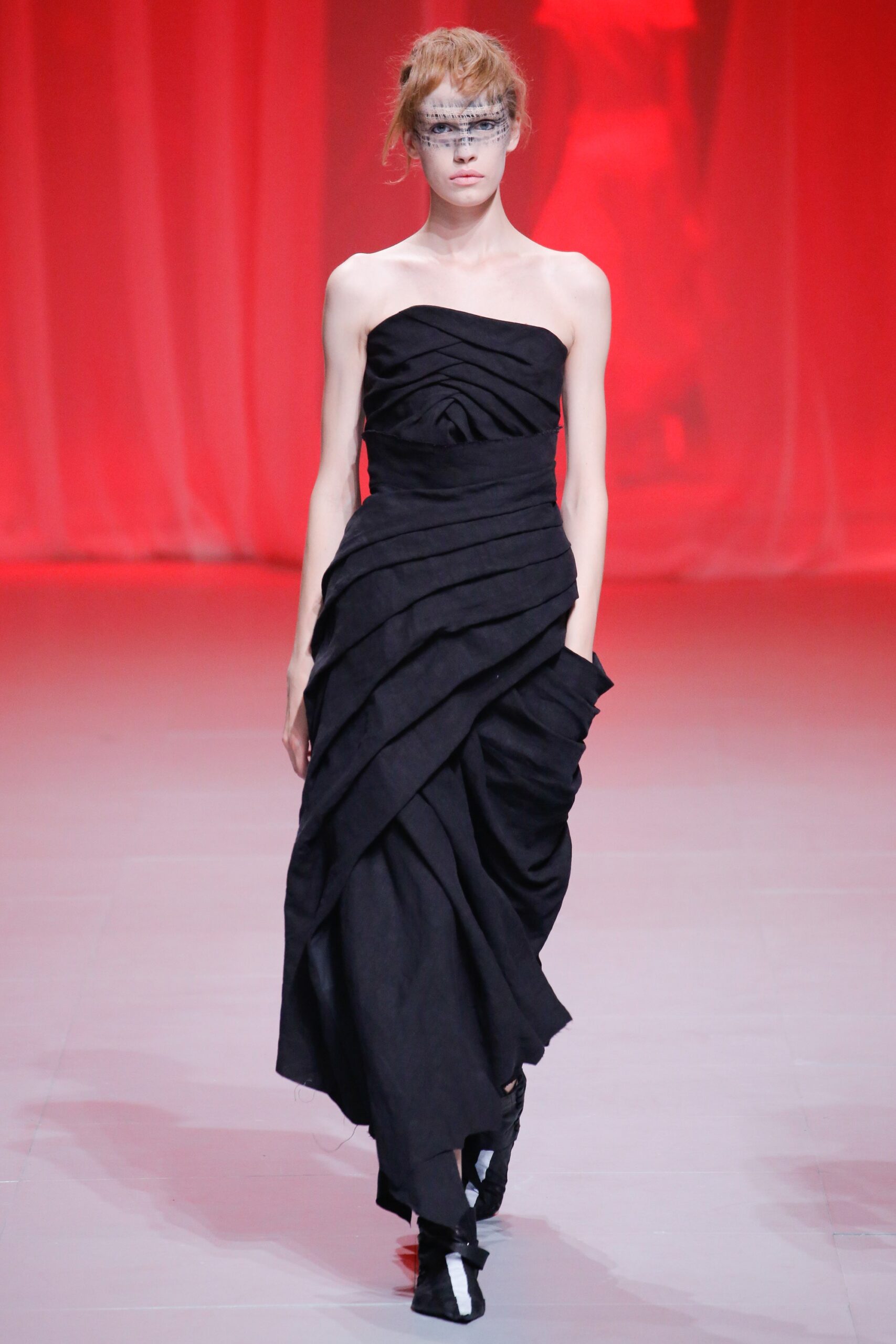 black strapless ruched gown
