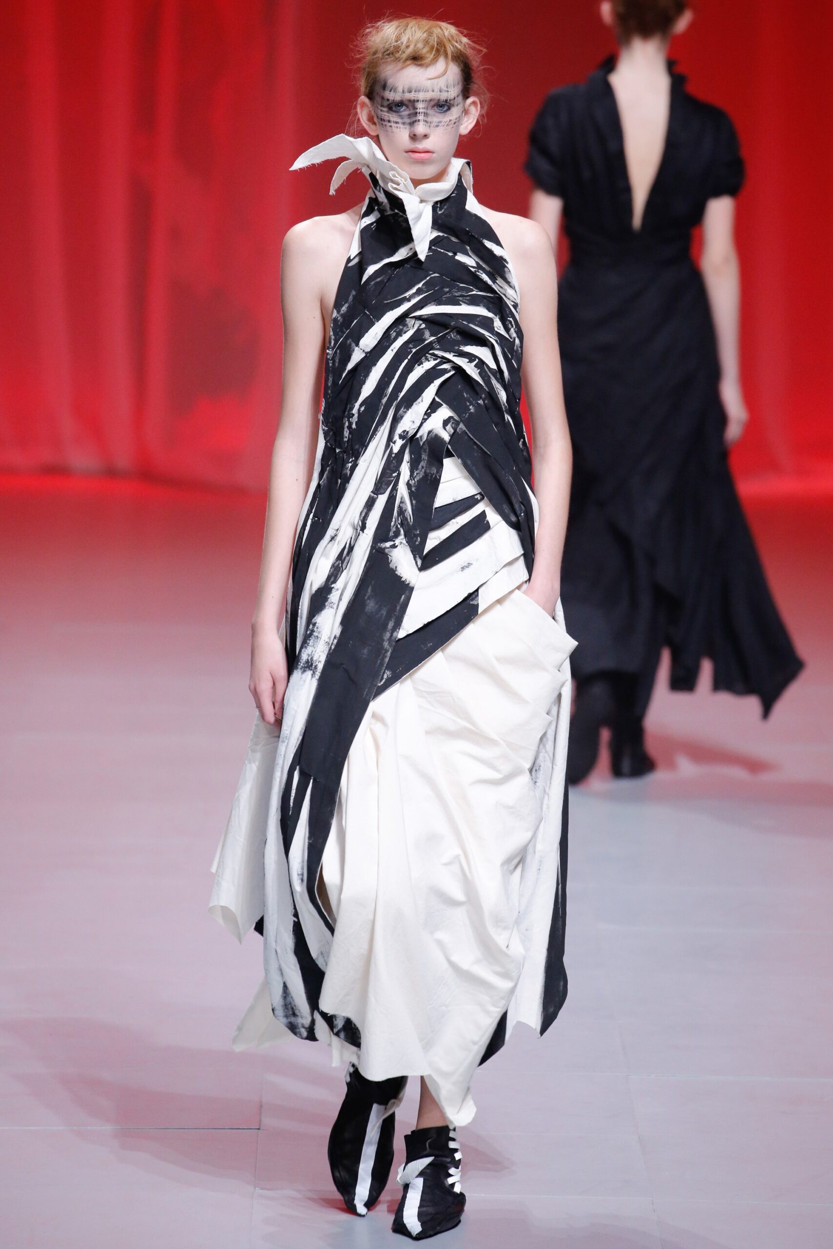 black and white draped midi dress