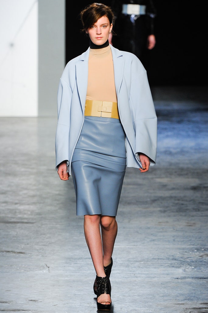 blue oversized jacket with fitted top and pencil skirt