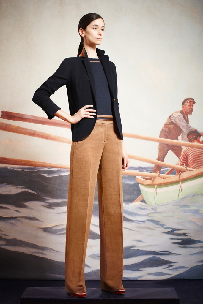 black blazer blue top brown pants