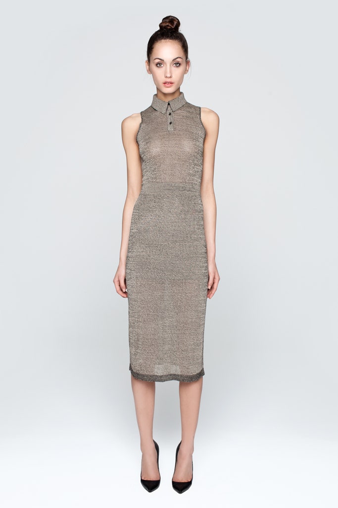 gray silk sleeveless dress