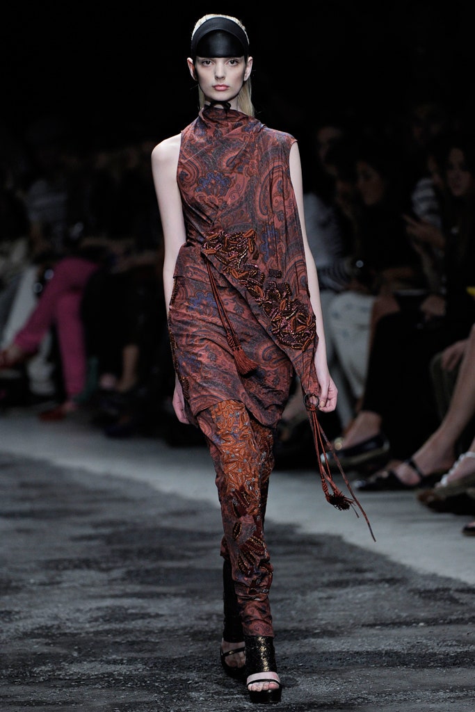 brown and orange draped midi dress