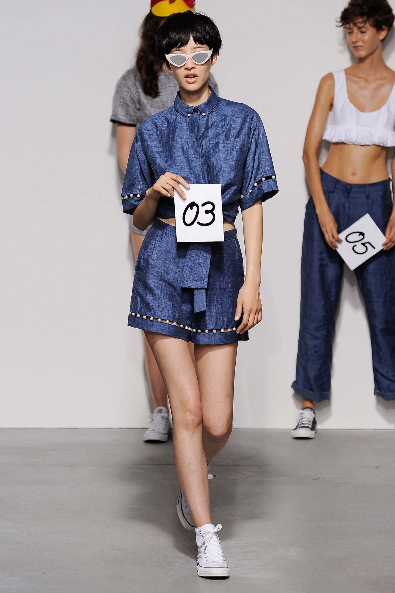 blue denim shirt and shorts