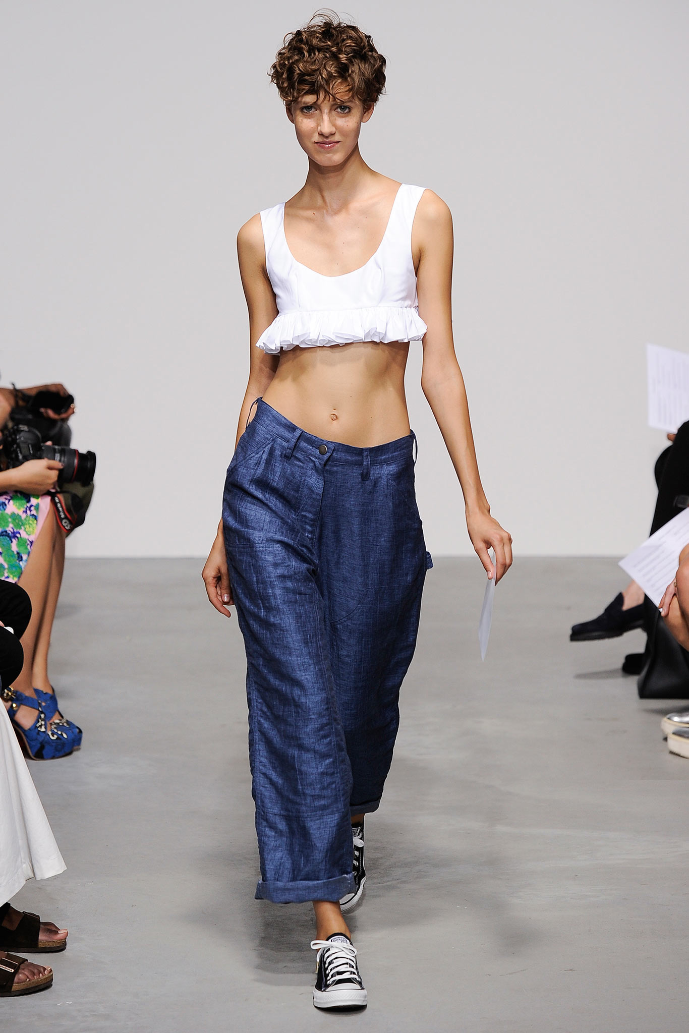 white cotton sleeveless fitted ruffled cropped top