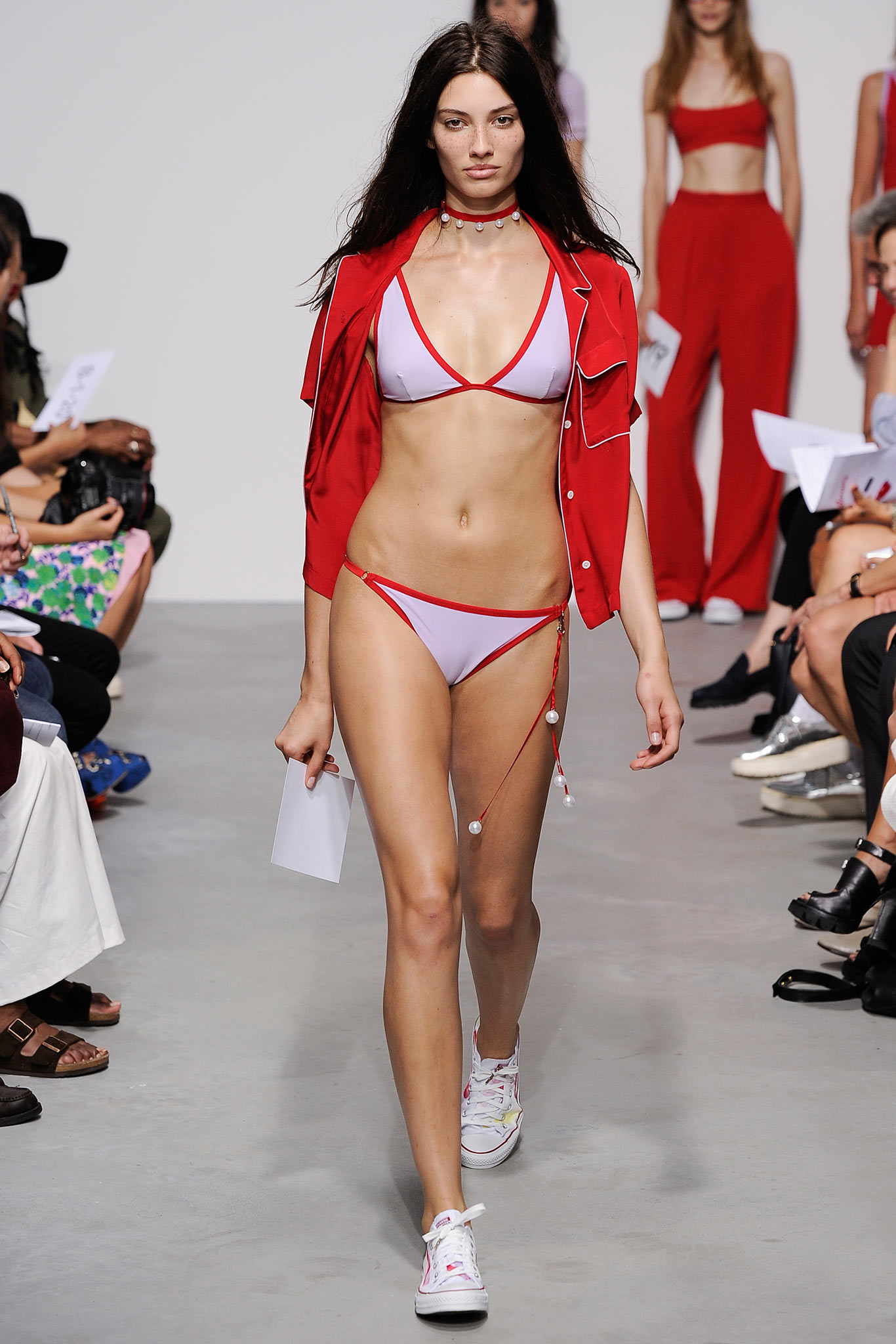 red and white bikini with jacket