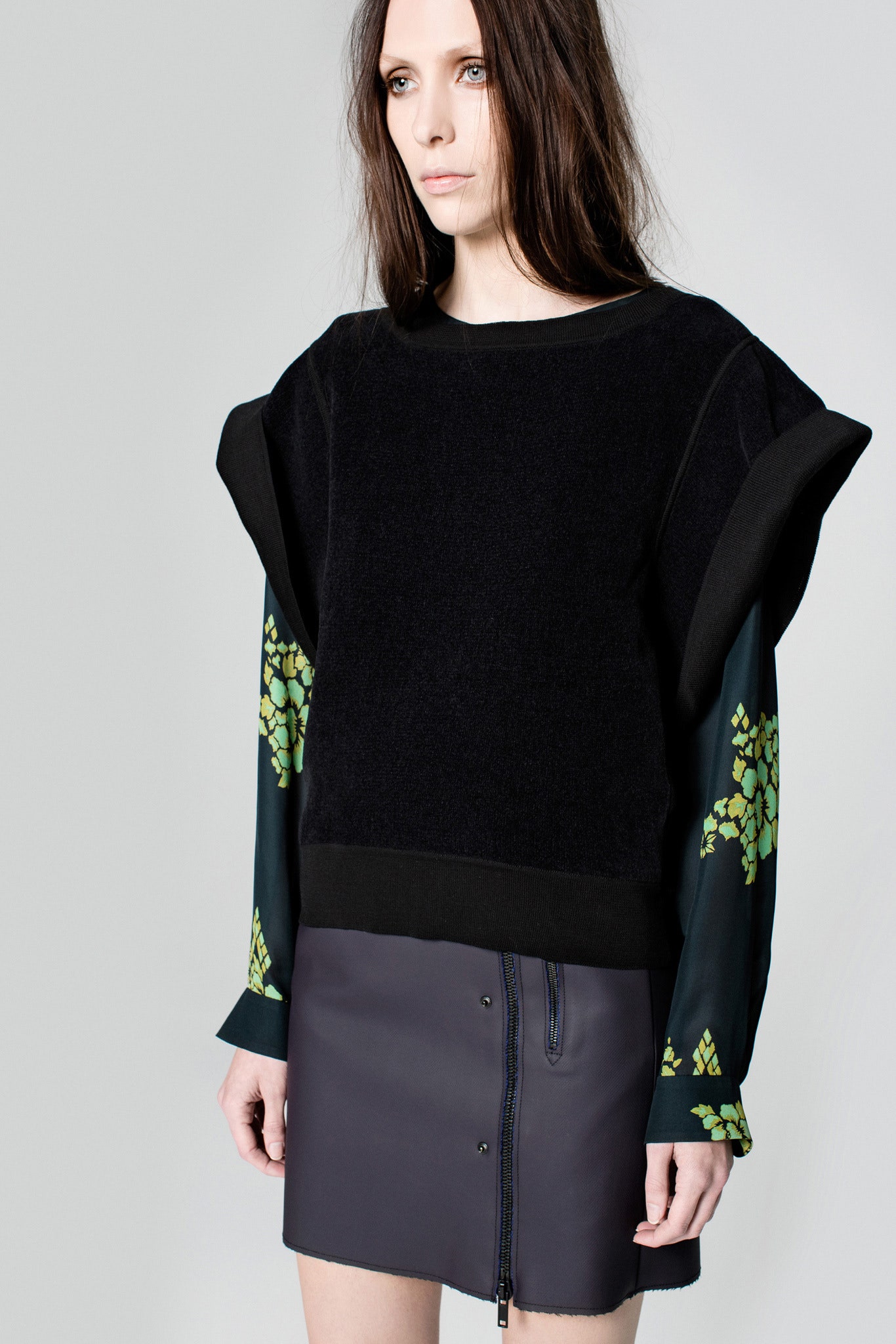 black wool long-sleeve fitted layered top