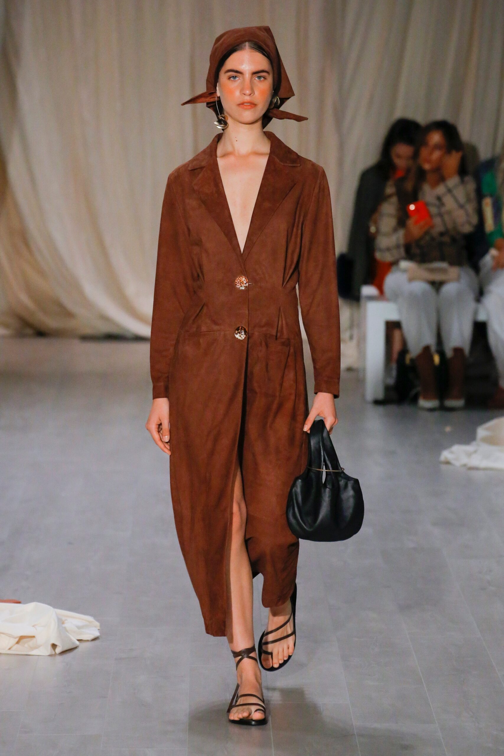 brown suede long-sleeve v-neck fitted buttoned midi dress