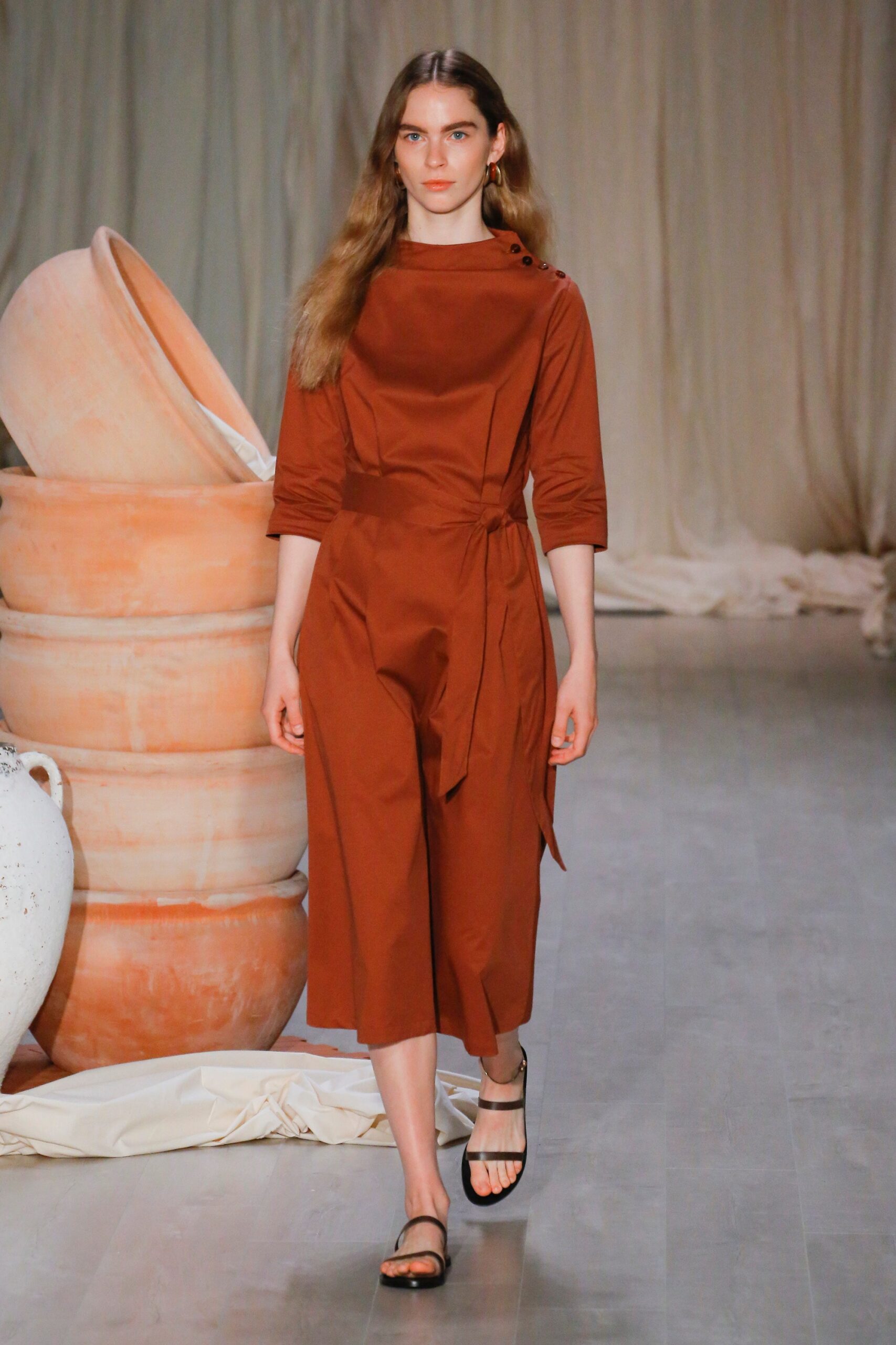 brown cotton belted jumpsuit