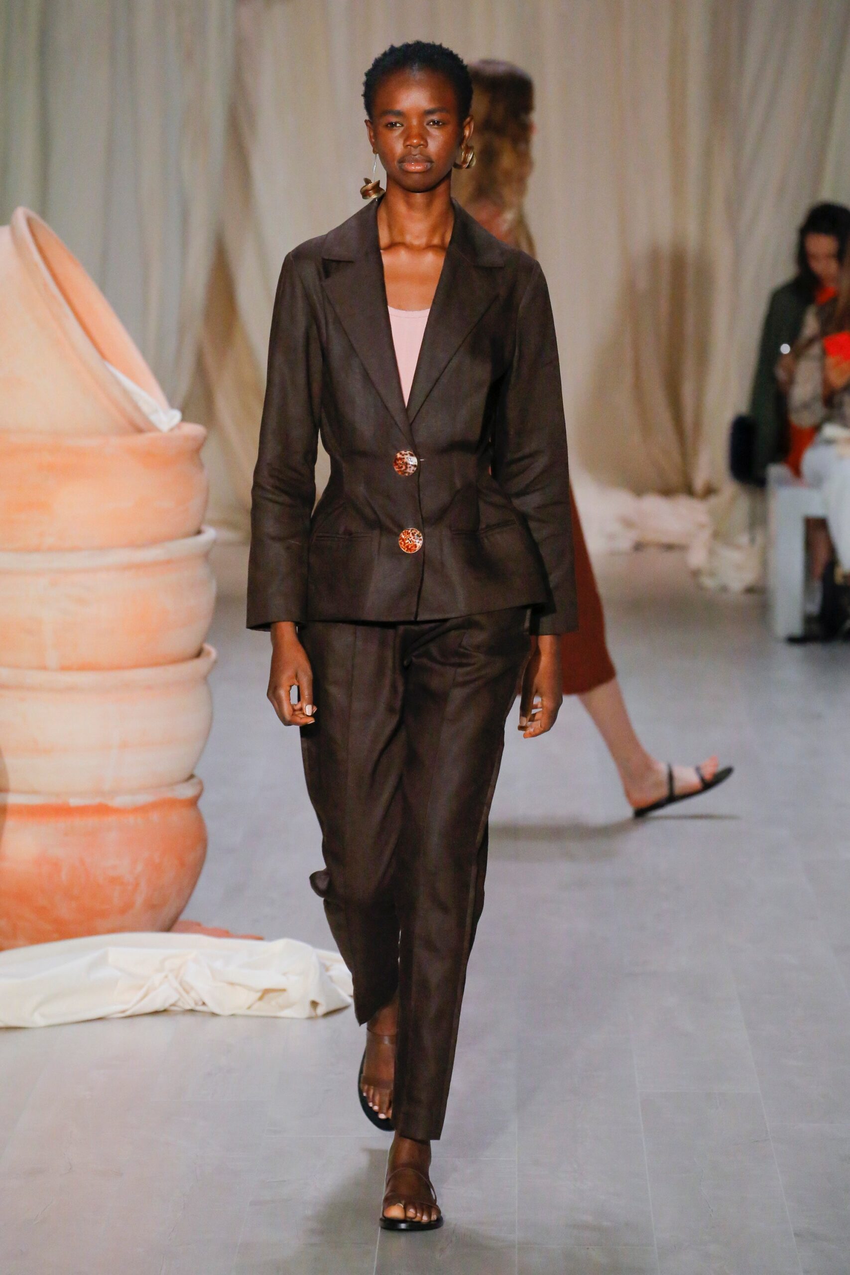 brown tailored blazer and pants