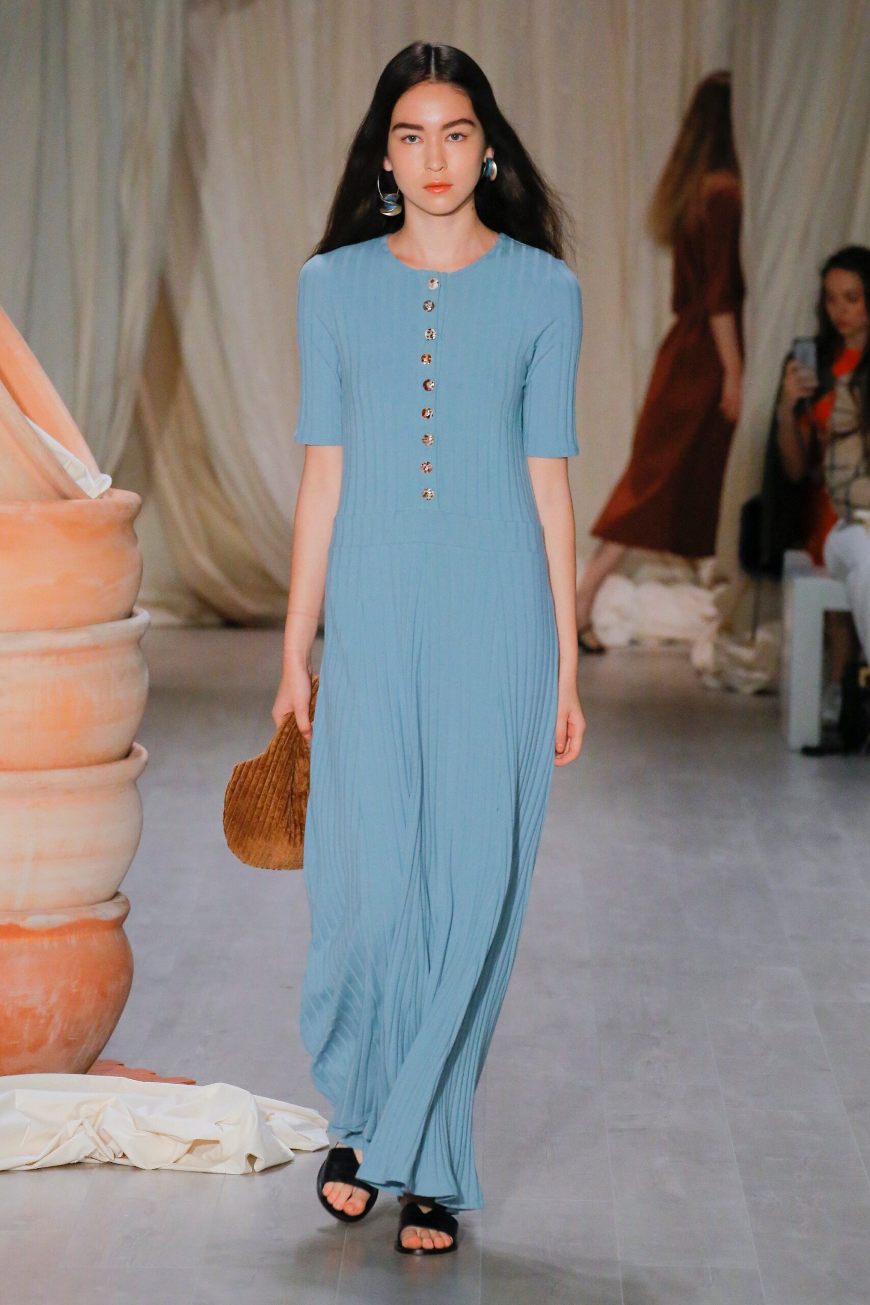 blue fitted pleated dress
