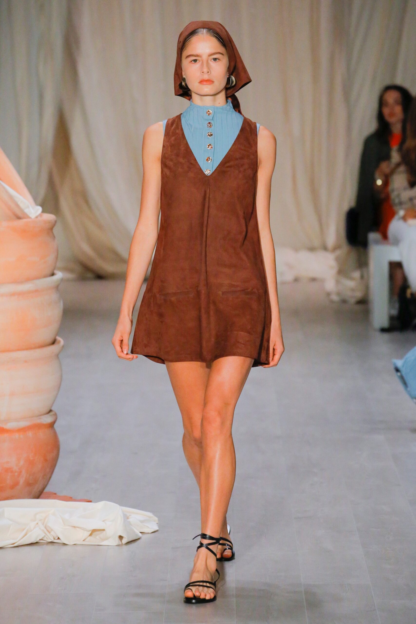 brown suede sleeveless v-neck fitted buttoned a-line dress