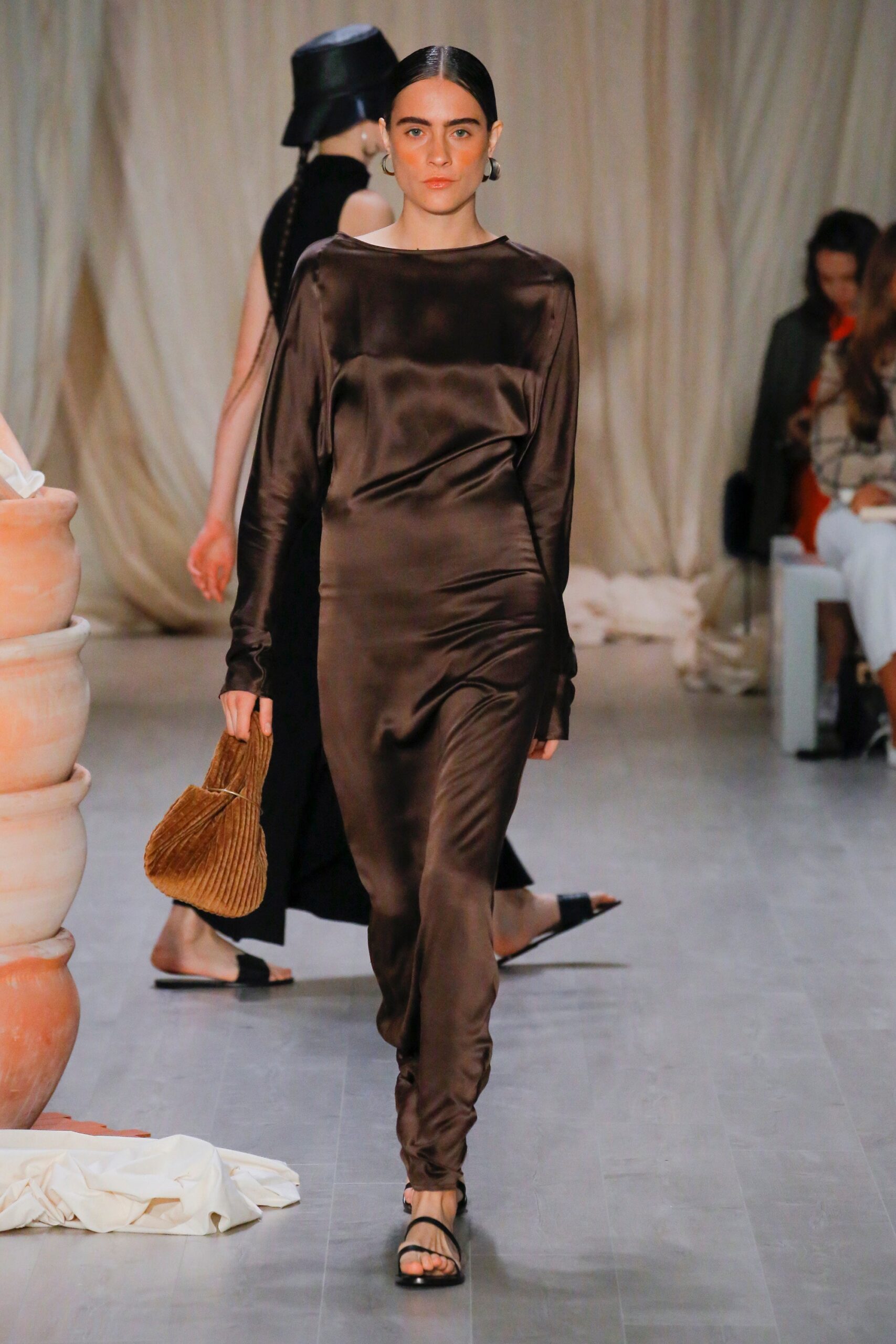 brown silk fitted dress