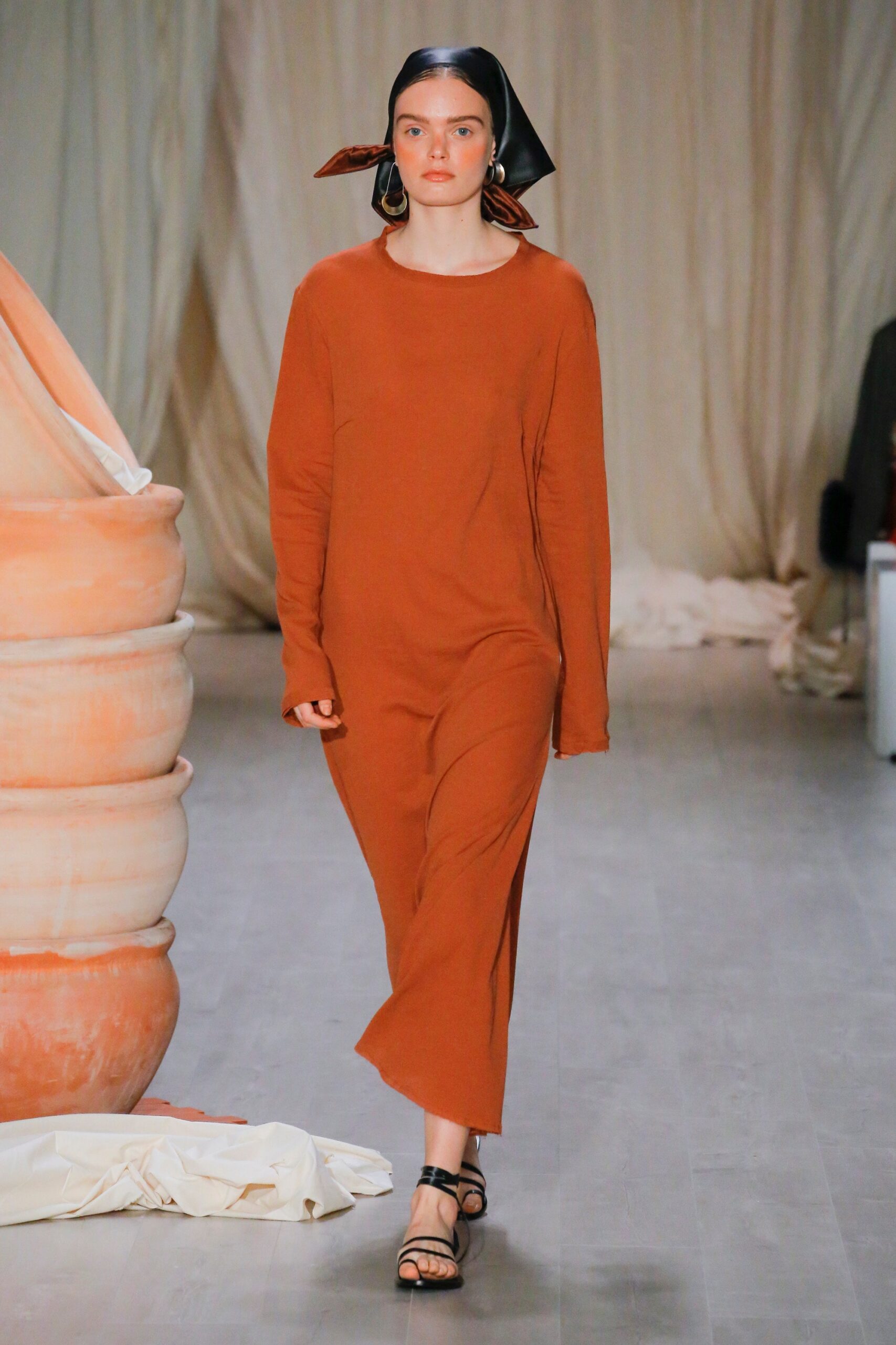 orange cotton long-sleeve collared relaxed midi dress