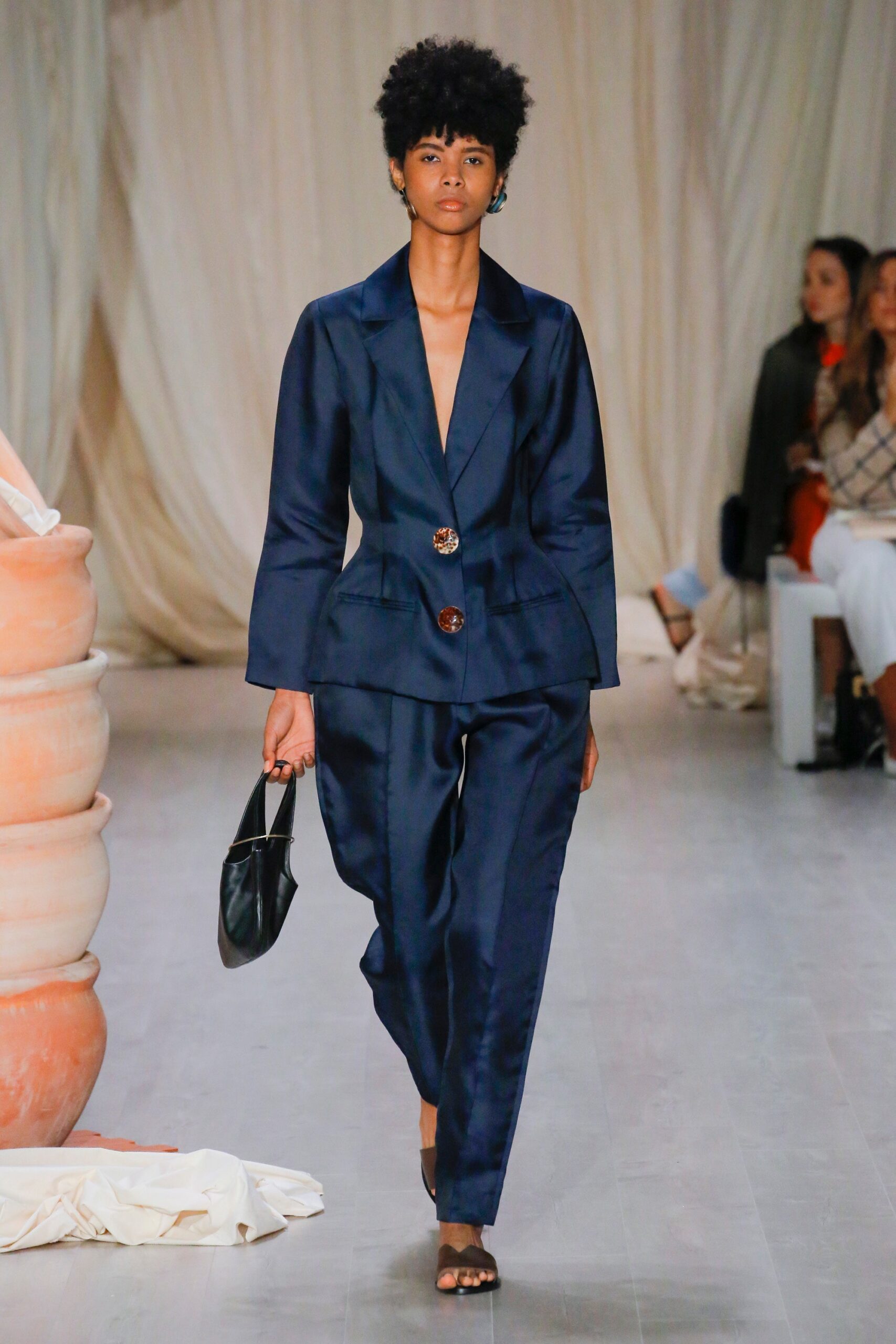 blue silk long-sleeve v-neck tailored buttoned shiny suit