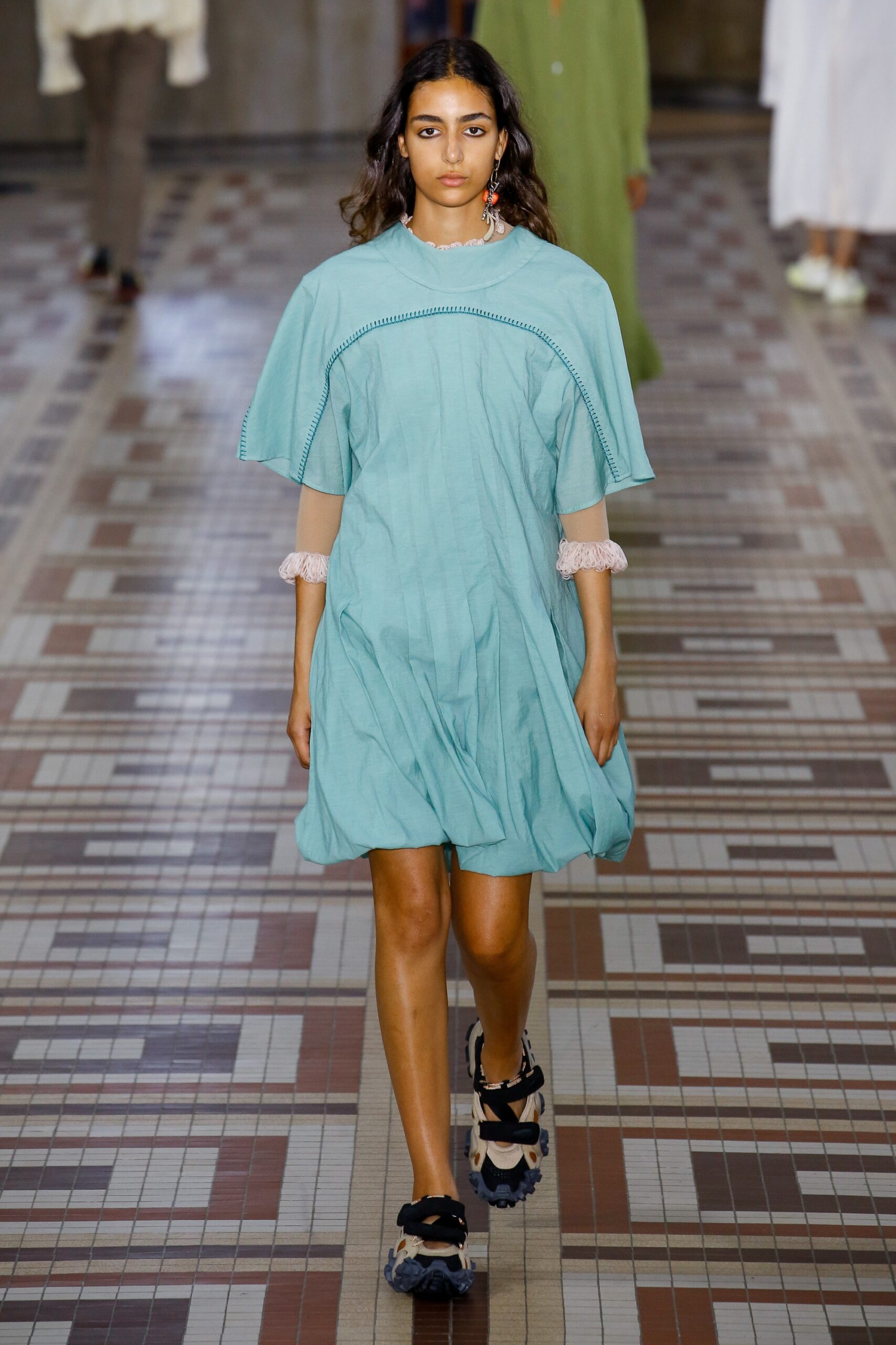 blue cotton sleeveless collared relaxed draped midi dress