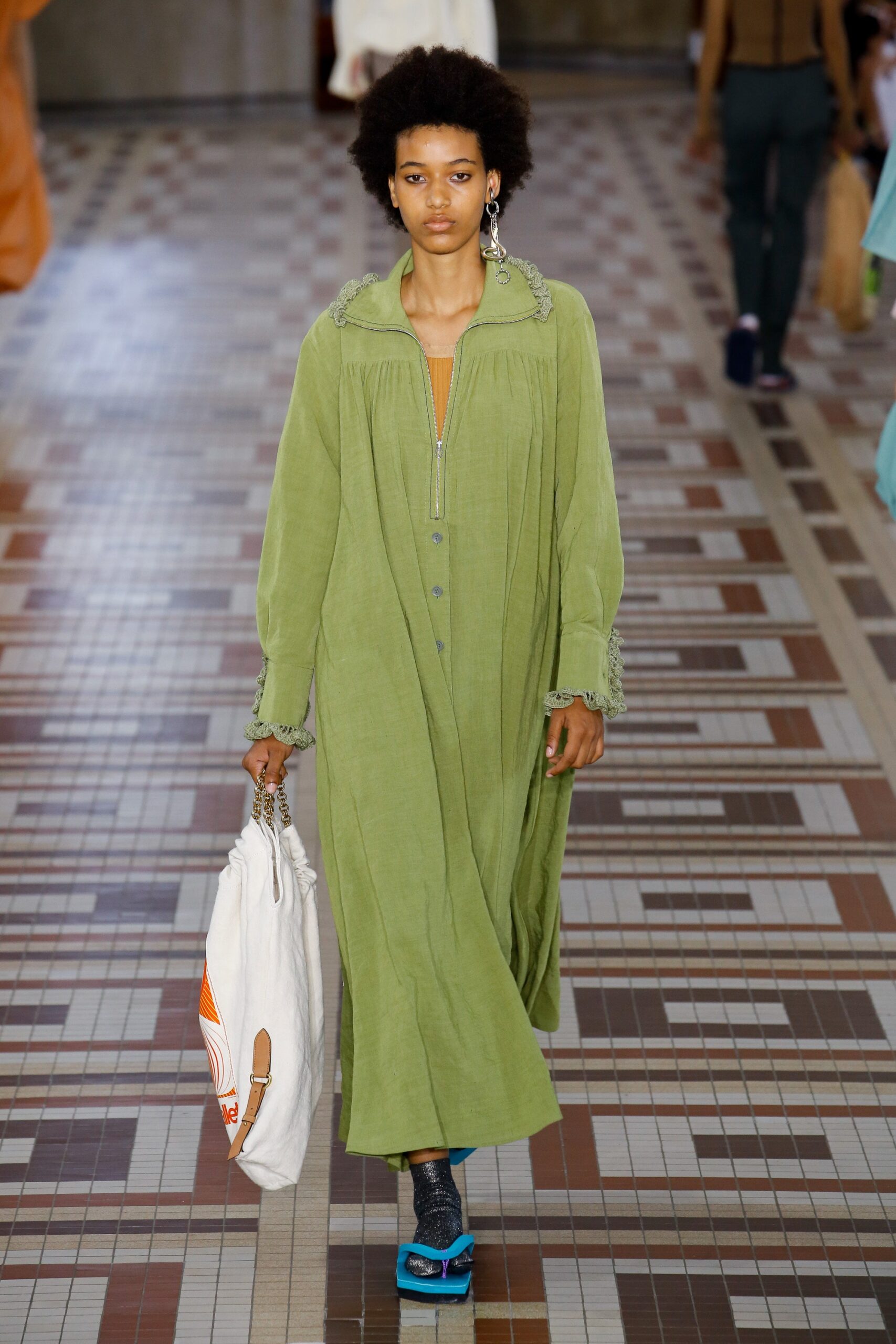 green cotton long-sleeve collared relaxed pleated maxi dress