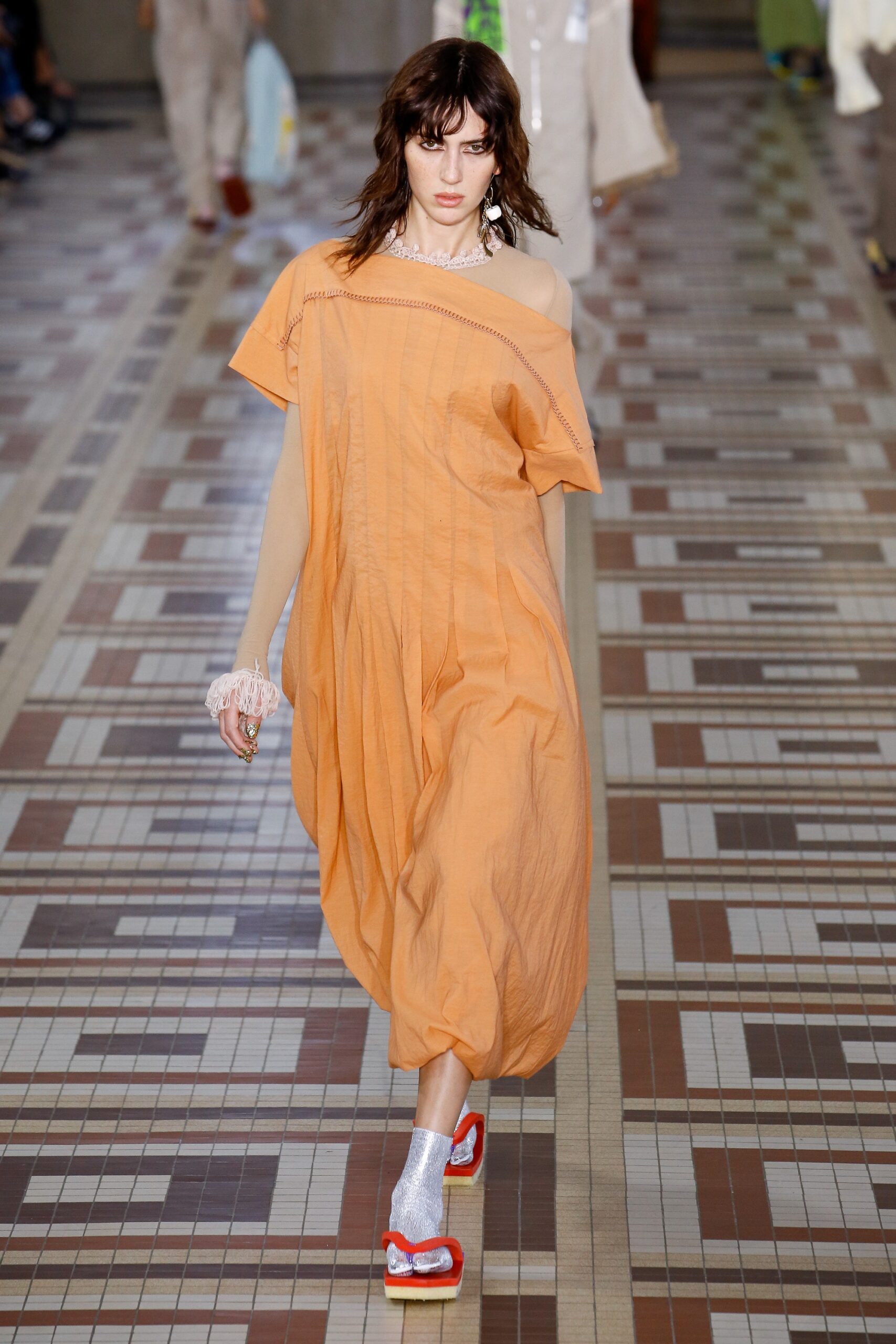 orange cotton off-shoulder relaxed draped midi dress