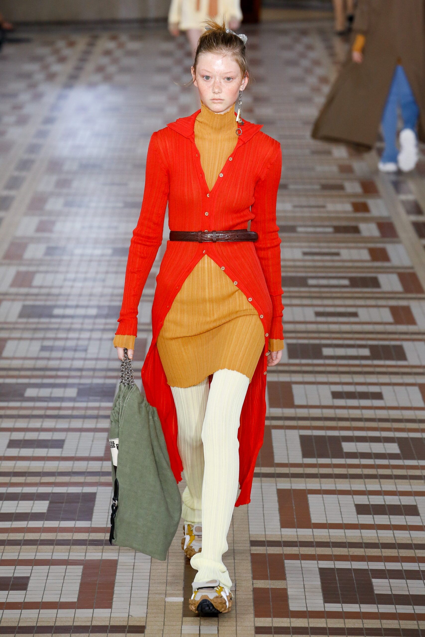 red cotton long-sleeve collared fitted buttoned layered dress
