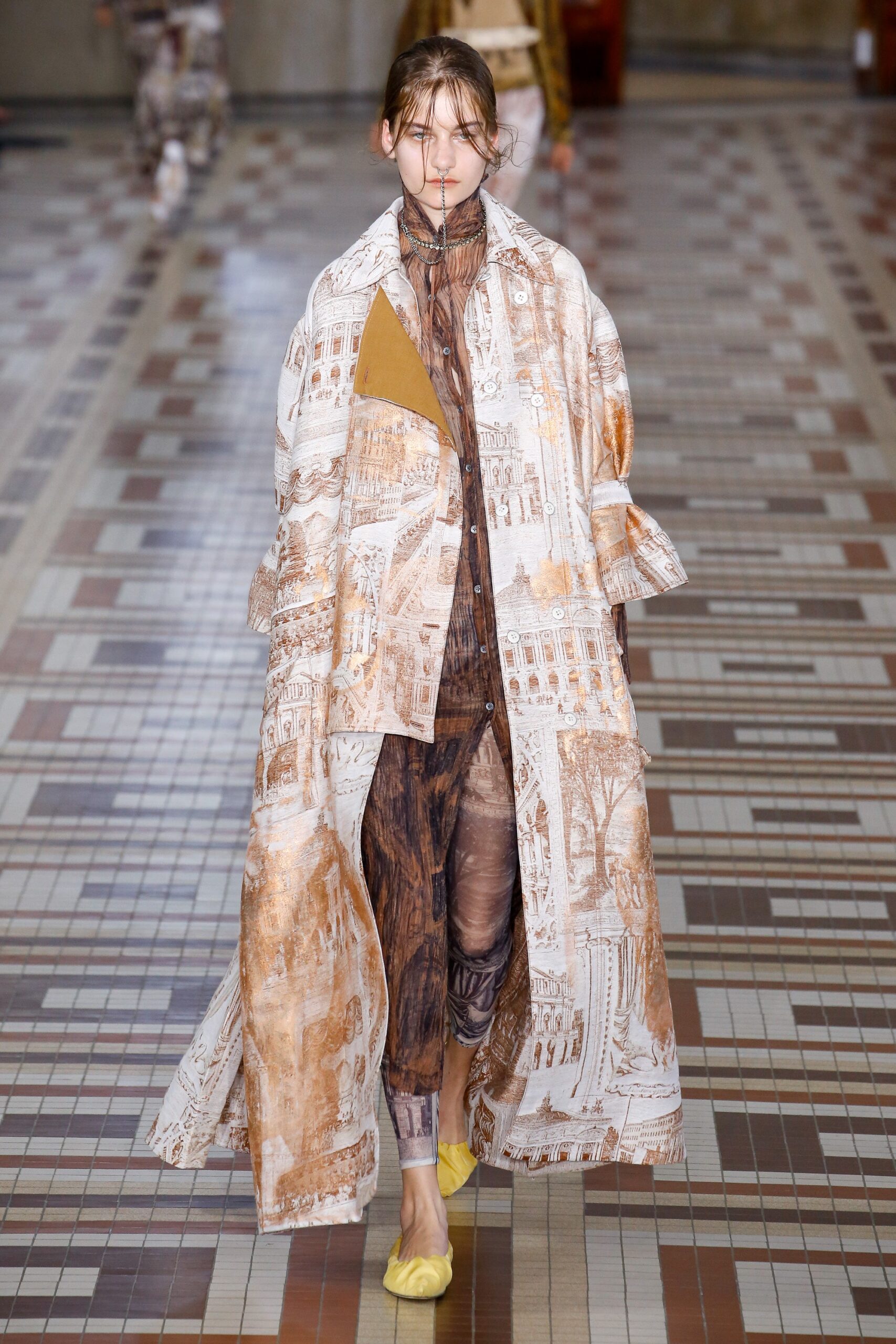 beige cotton long-sleeve collared relaxed printed maxi coat
