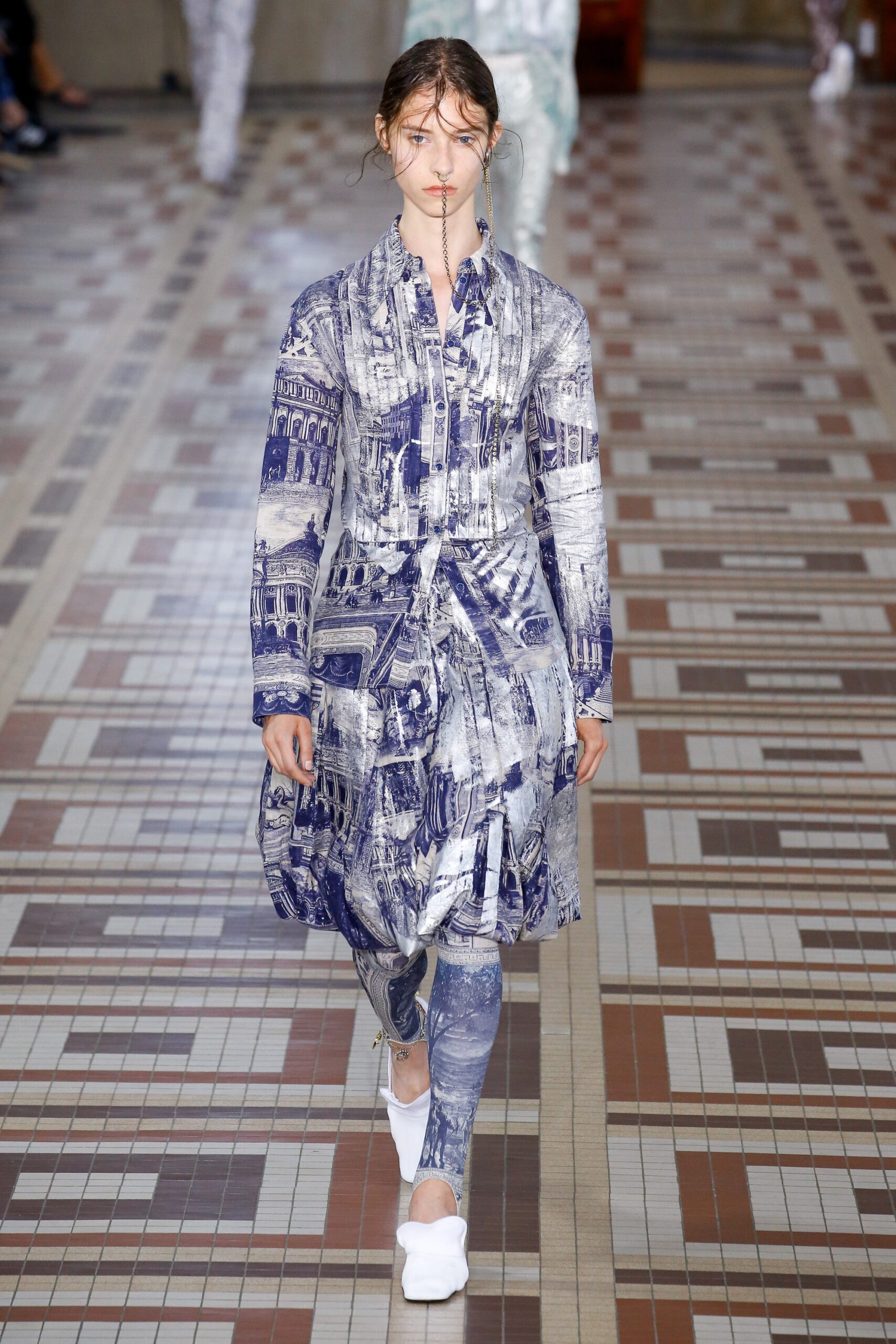 blue and white printed midi dress