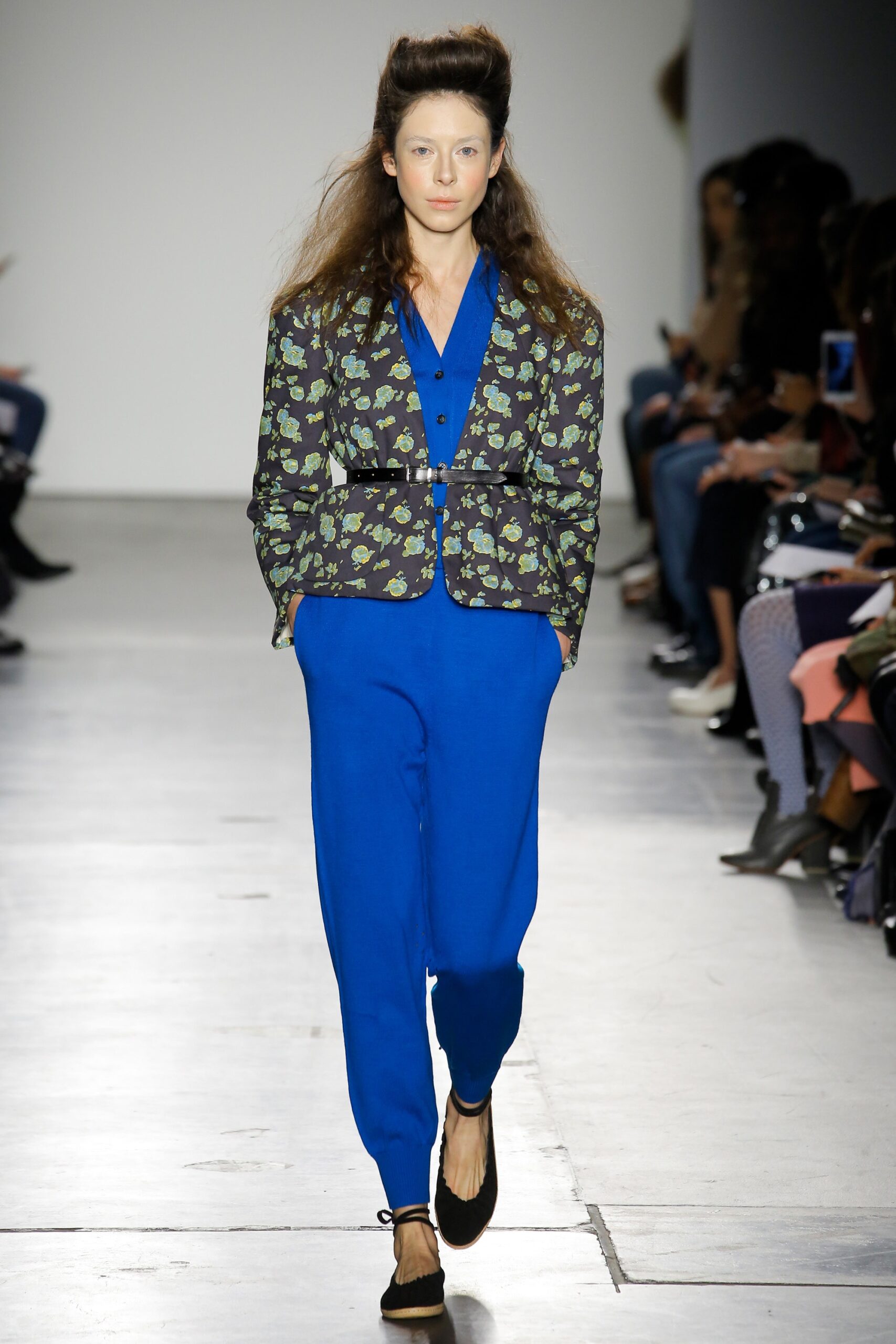 A relaxed fit blue printed jacket paired with matching pants, showcasing a vibrant design.