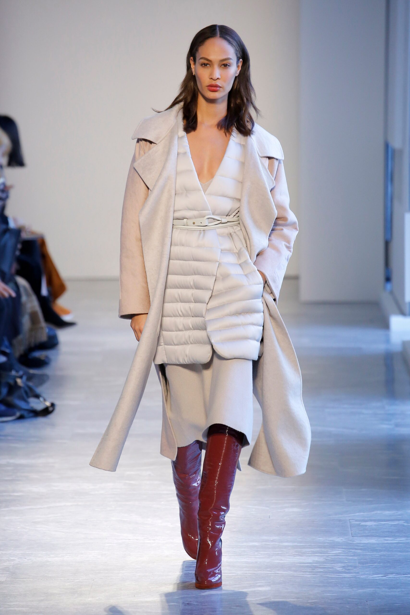 beige wool coat gray silk dress