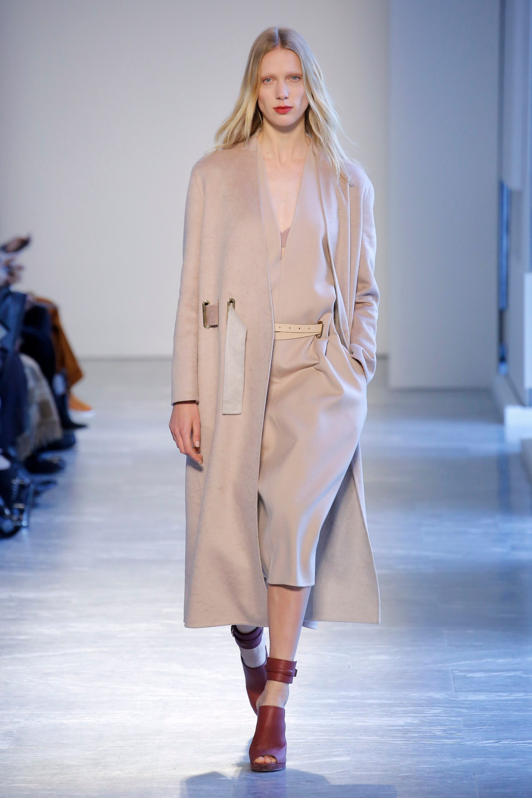 beige wool coat and dress