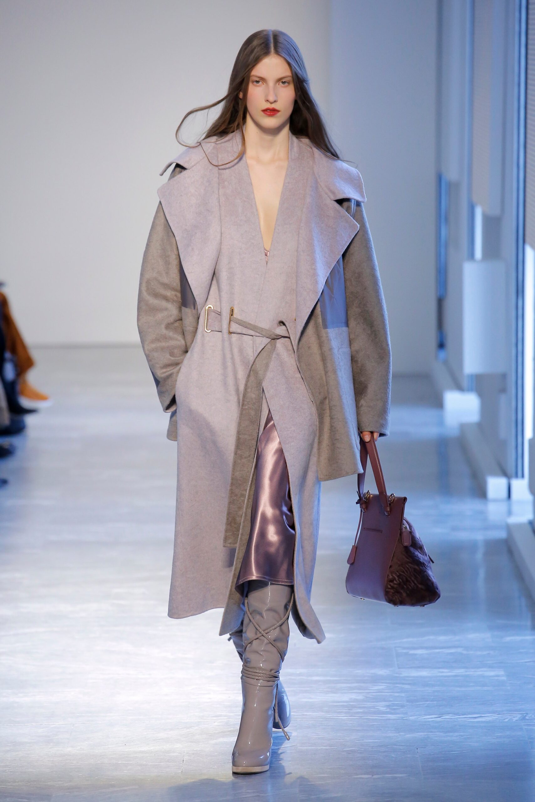 gray wool coat with purple silk dress