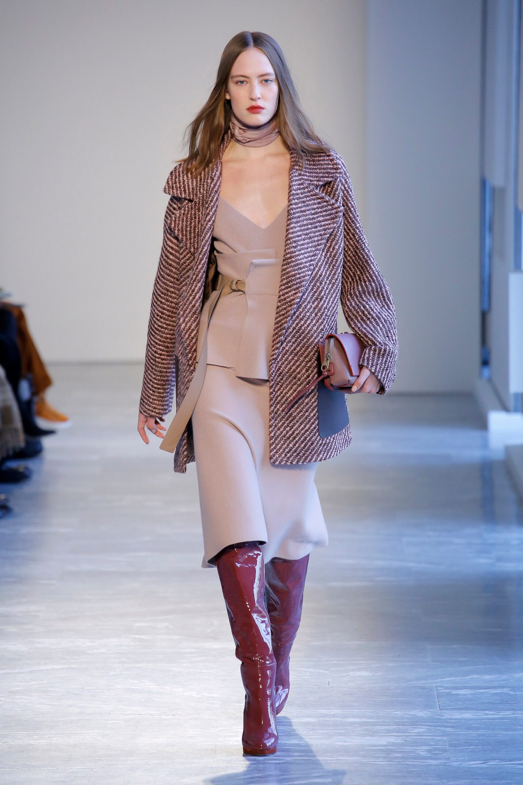 brown wool coat beige midi dress