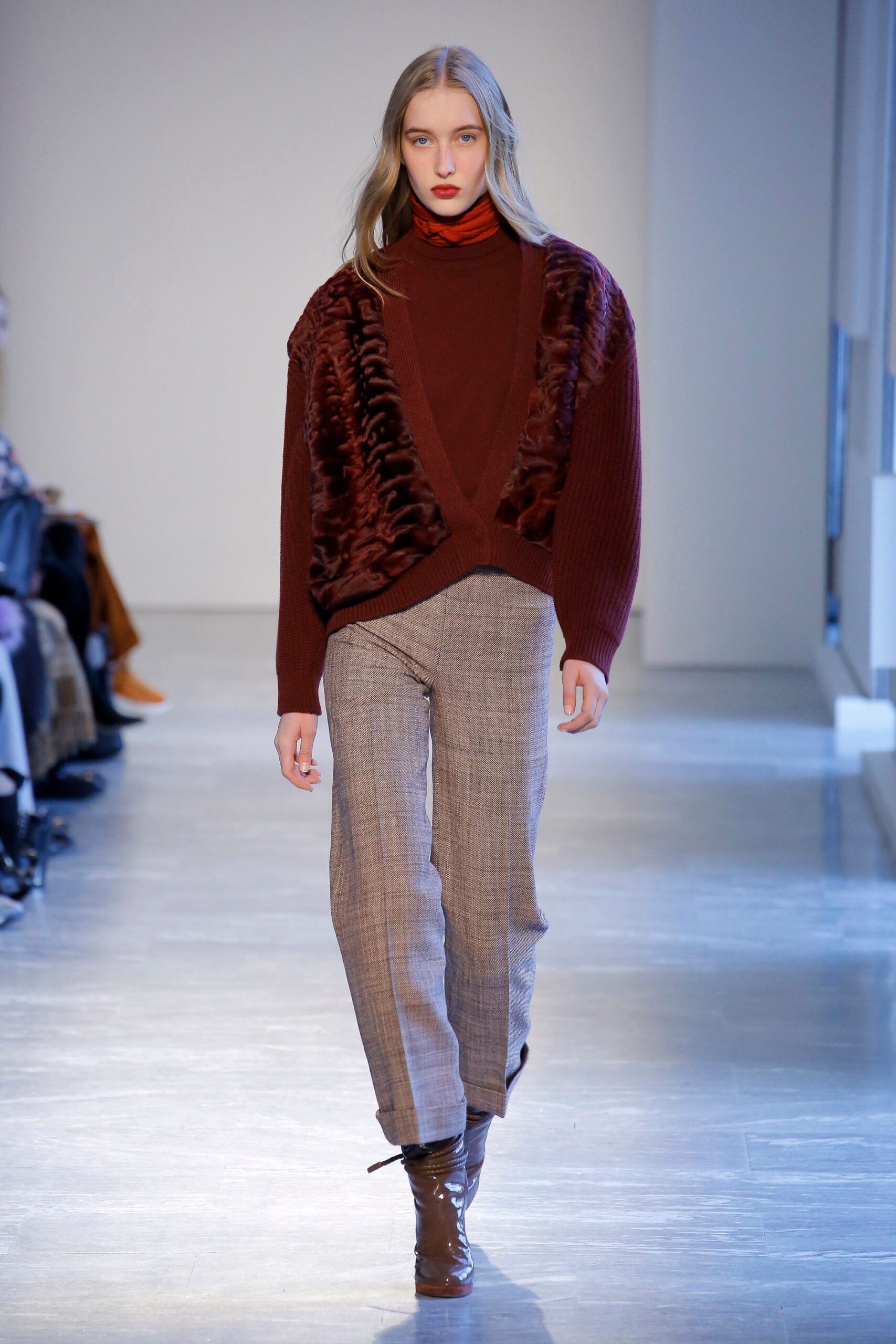 brown wool long-sleeve v-neck relaxed ruffled sweater