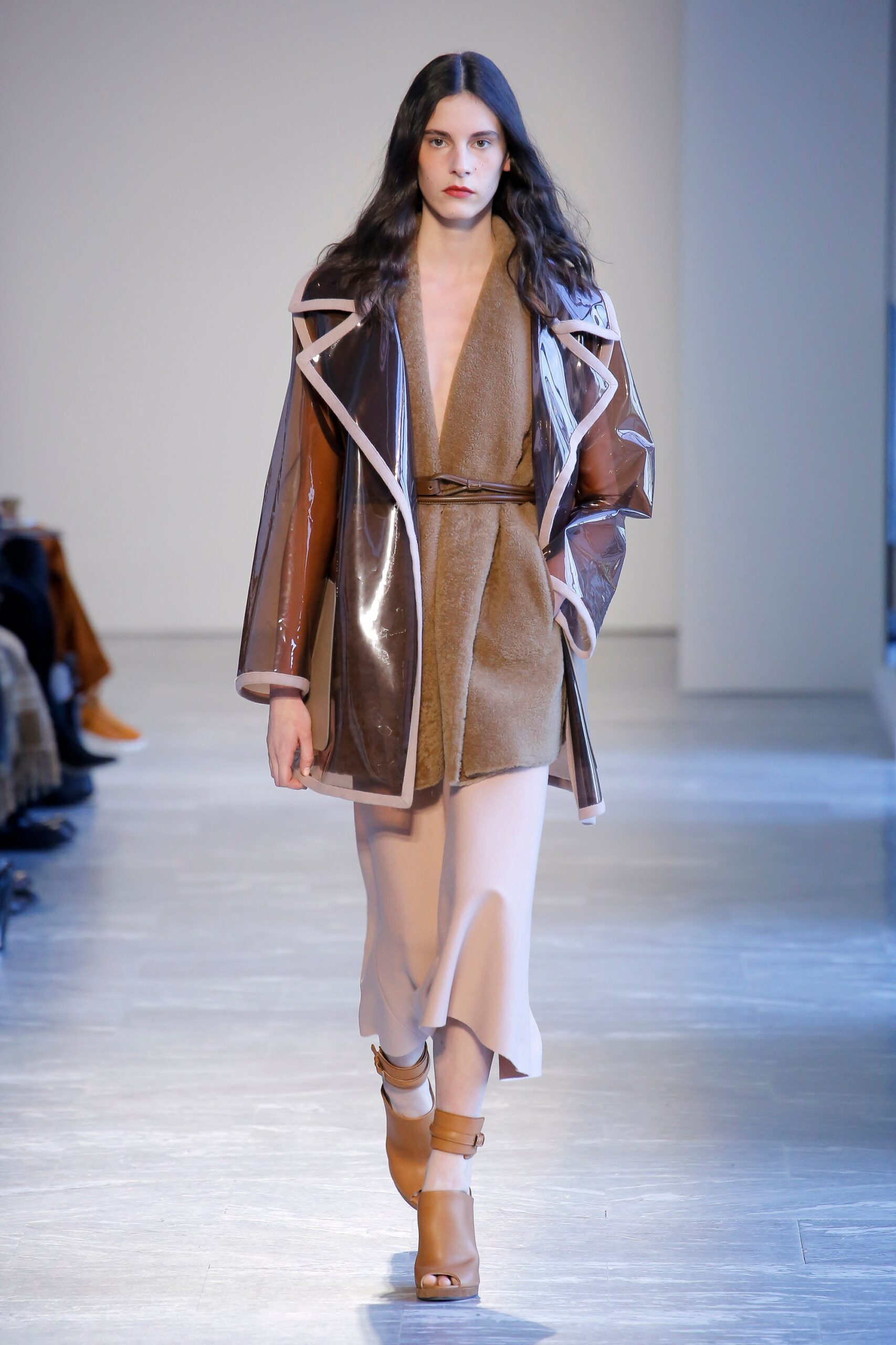 brown vinyl long-sleeve collared relaxed belted shiny coat