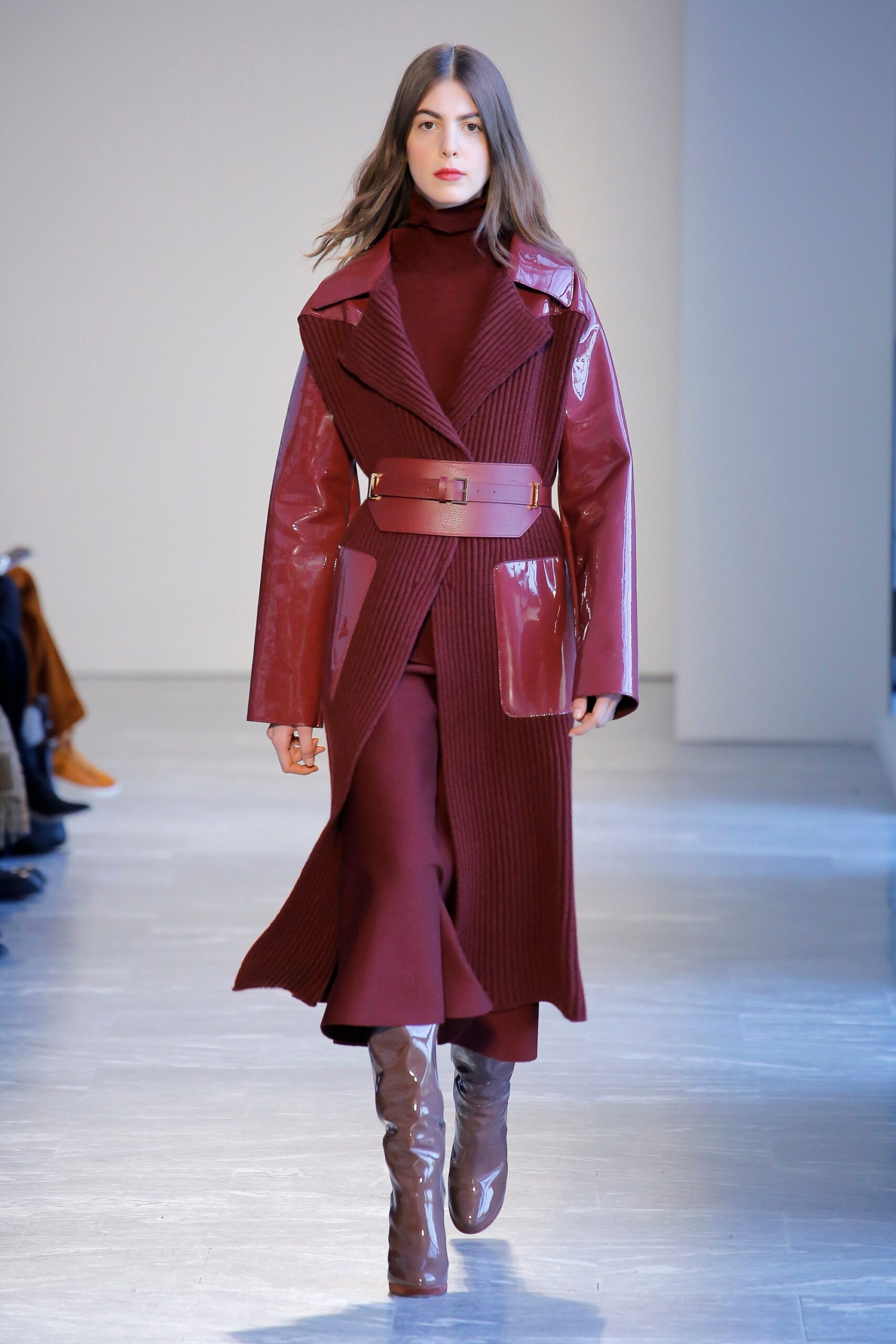 red wool long-sleeve high-neck fitted straight-leg midi dress