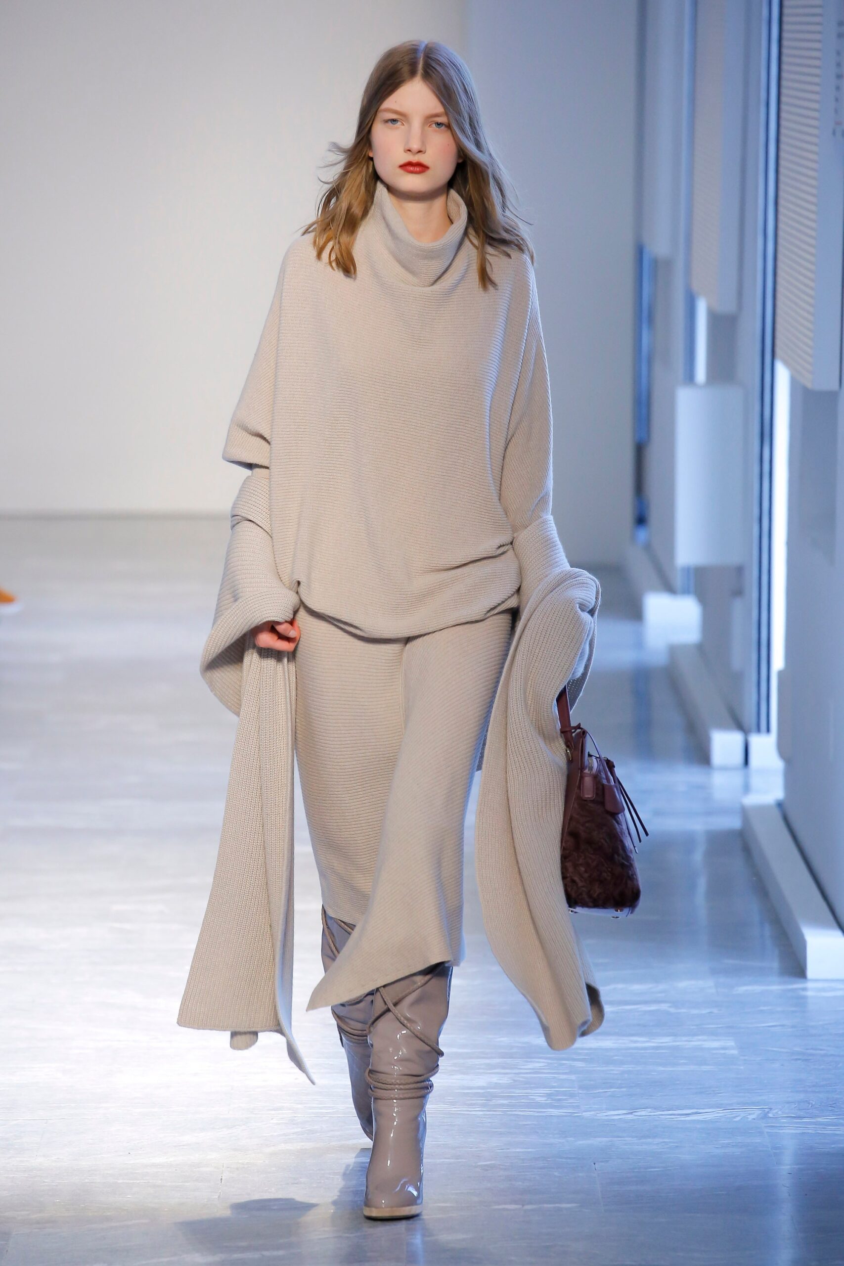 beige wool long-sleeve high-neck relaxed draped midi dress