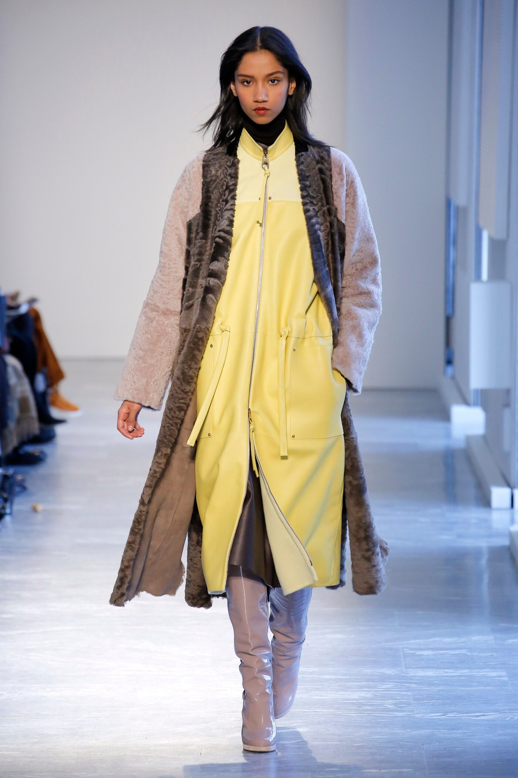 yellow leather long-sleeve collared relaxed zippered draped coat
