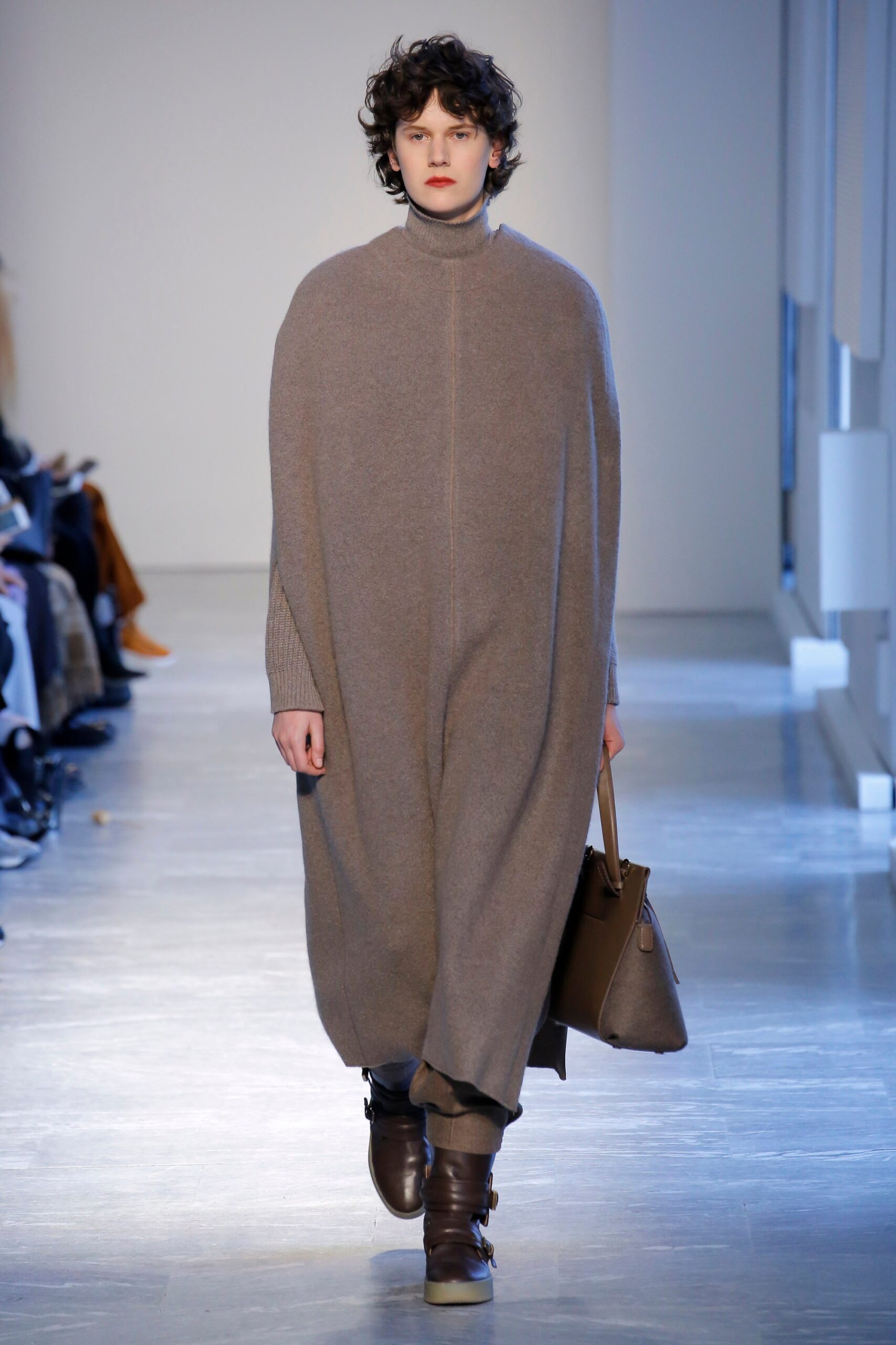 beige wool long-sleeve high-neck relaxed draped maxi cape