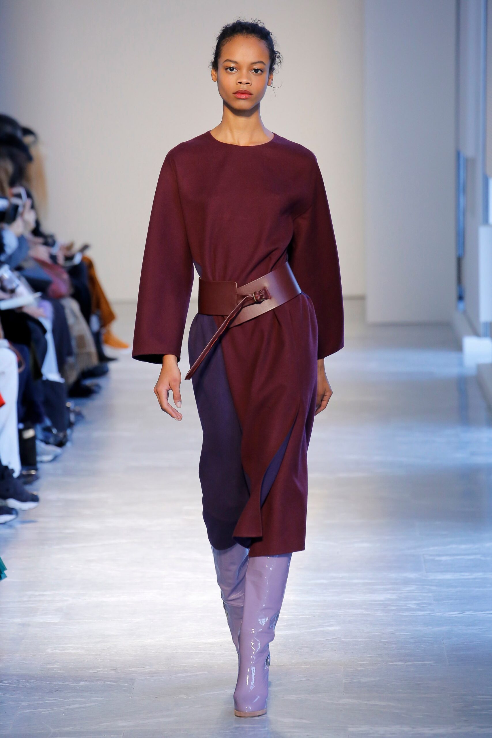 maroon wool long-sleeve high-neck fitted belted draped dress